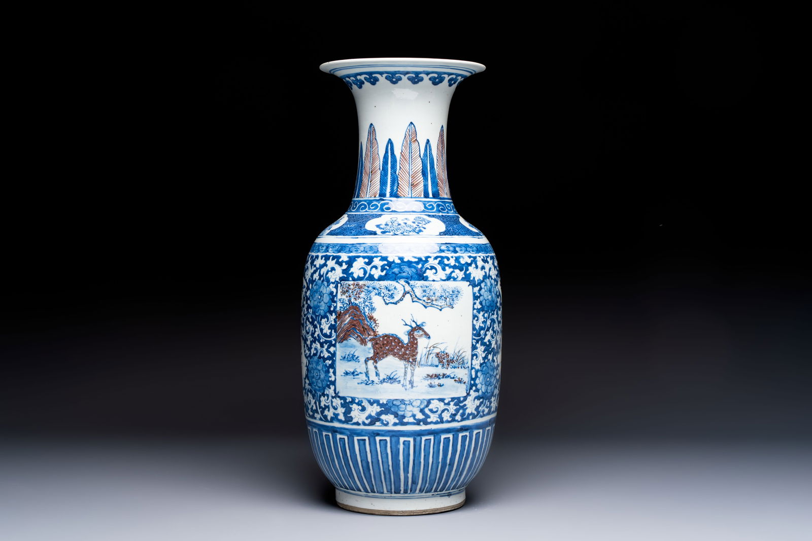 A Chinese blue, white and copper-red 'Deer' vase, 19th C.: A Chinese blue, white and copper-red 'Deer' vase, 19th C. H.: 45,6 cm