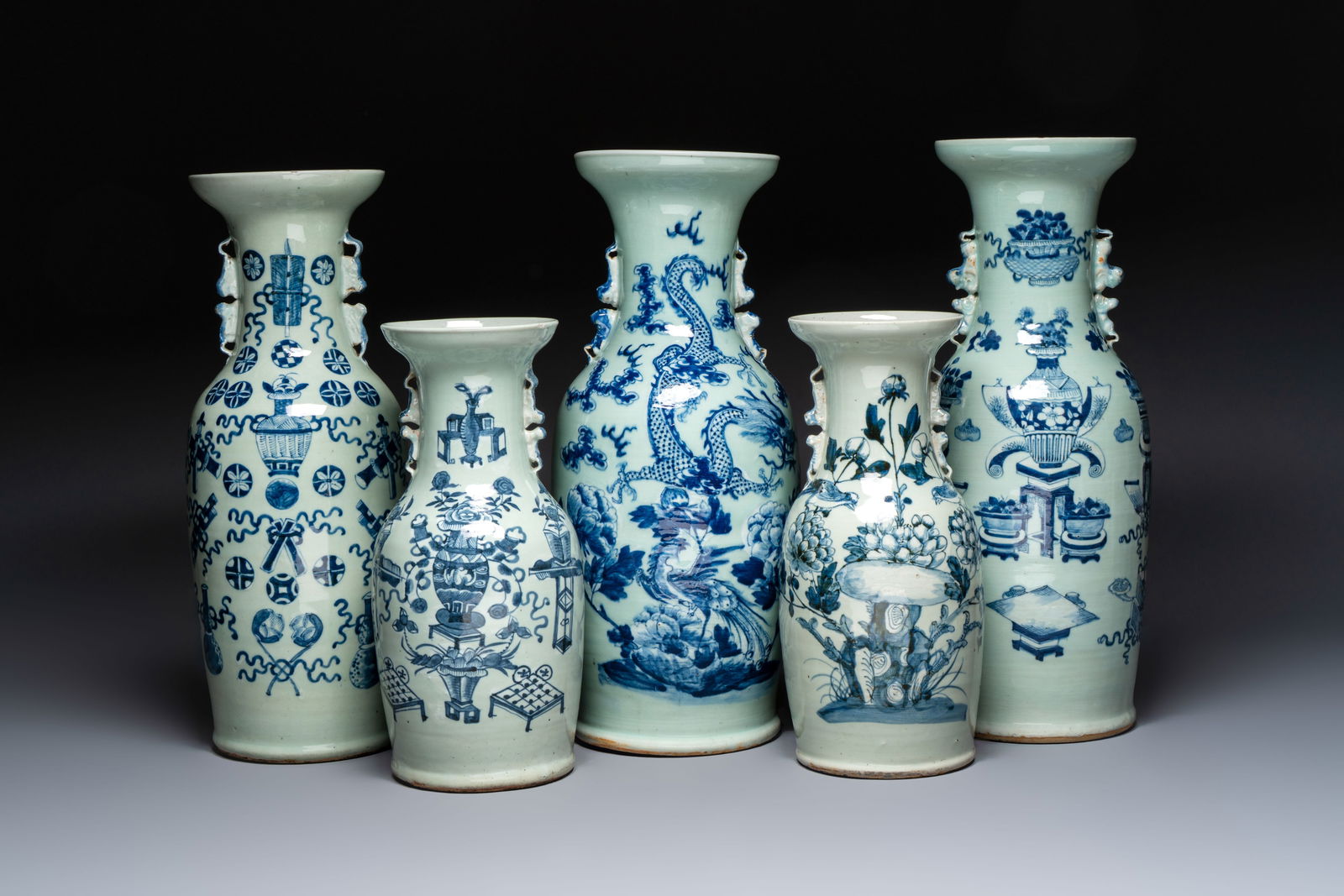 Three Chinese blue and white celadon-ground vases, 19th C. (1 of 13)