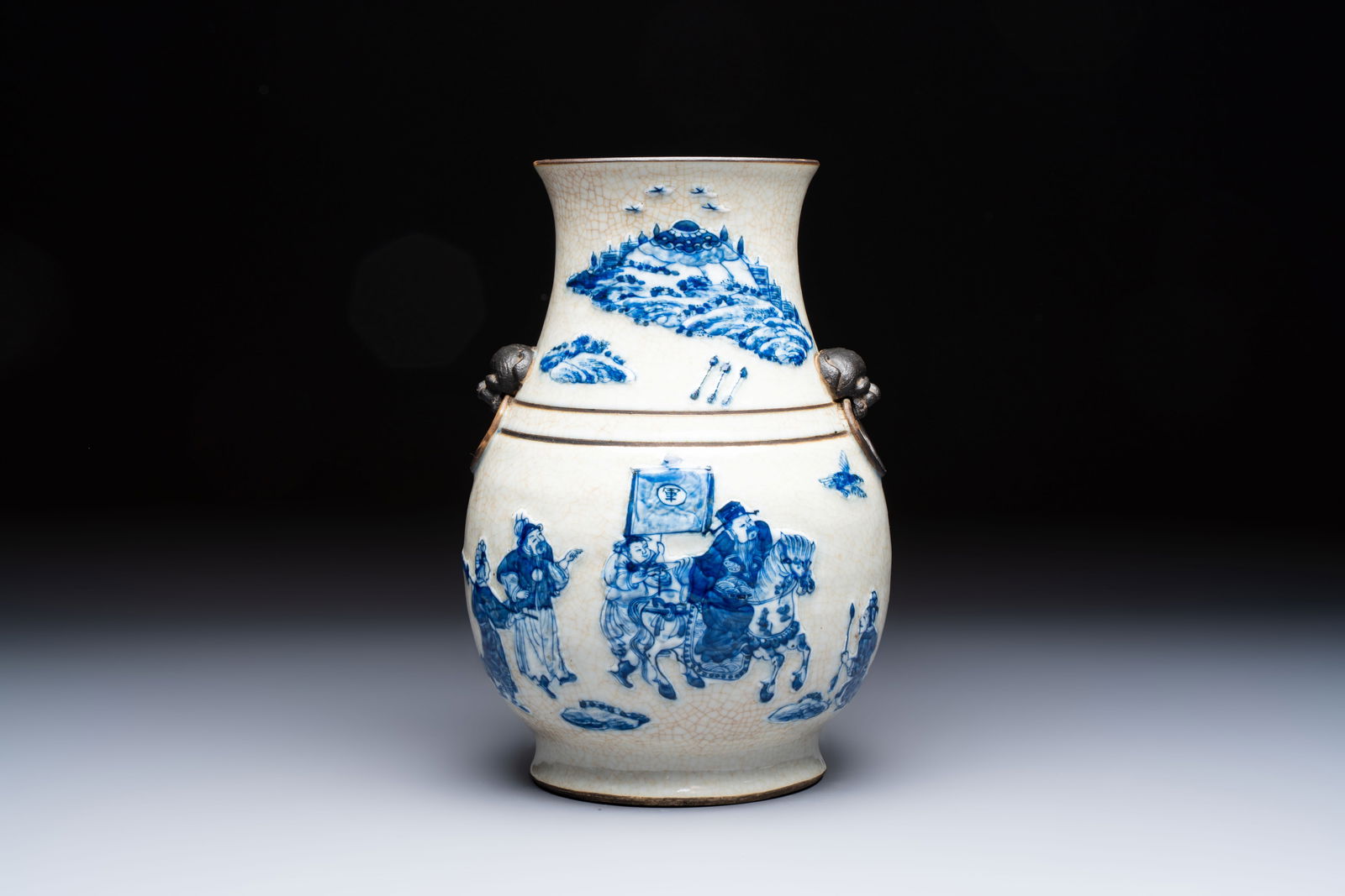 A Chinese Nanking crackle-glazed blue and white 'Hu' vase with a deer hunting scene, Hongwu mark,: A Chinese Nanking crackle-glazed blue and white 'Hu' vase with a deer hunting scene, Hongwu mark, 19th C. H.: 31,2 cm