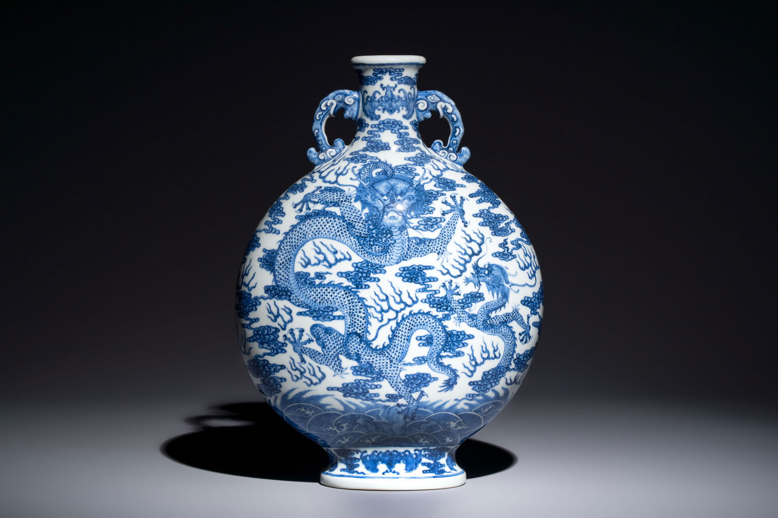 A Chinese blue and white 'Baoyueping' 'Dragon' vase, Qianlong mark, Republic (1 of 7)