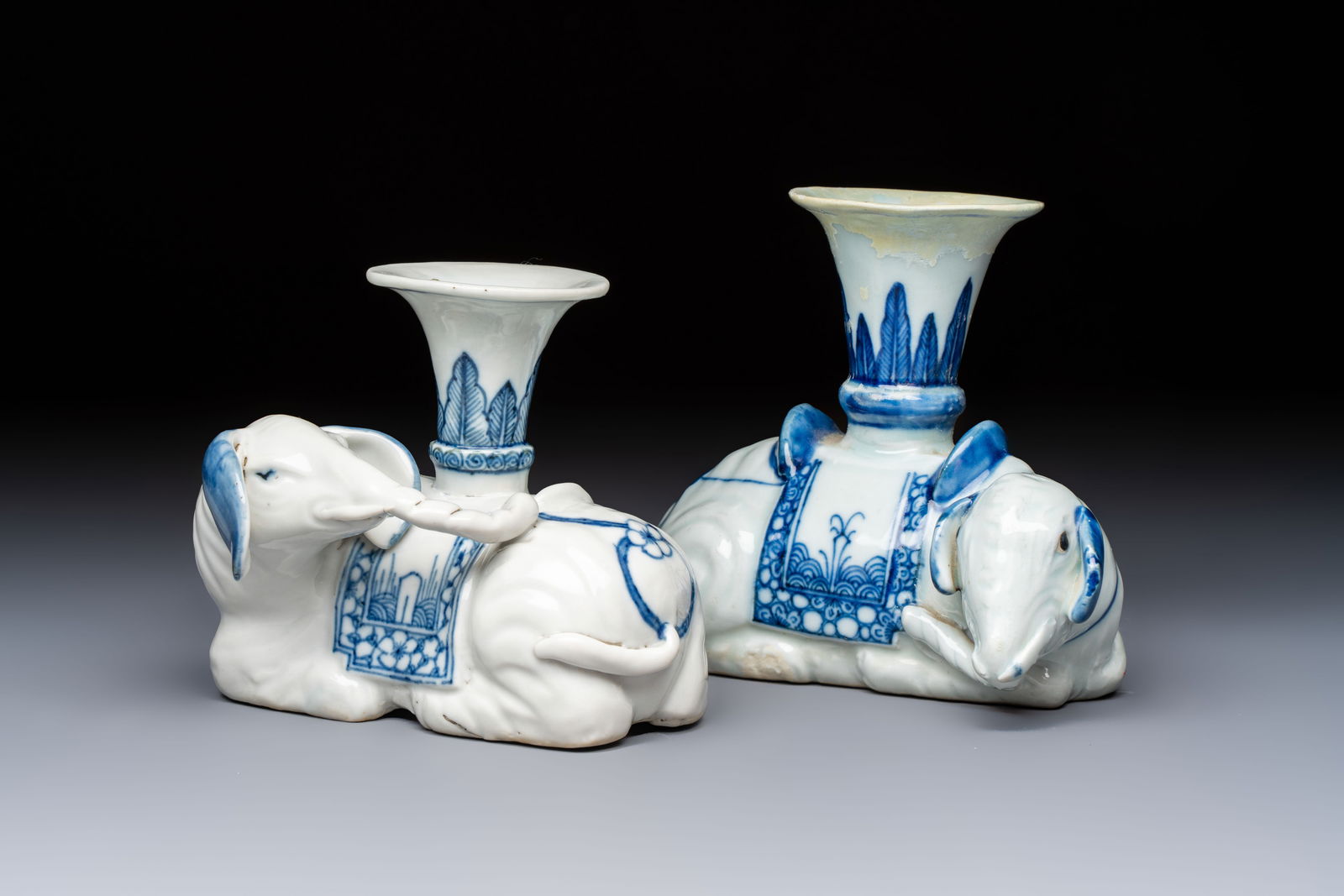 Two Chinese blue and white recumbent elephant-form candlesticks, Jiaqing (1 of 7)