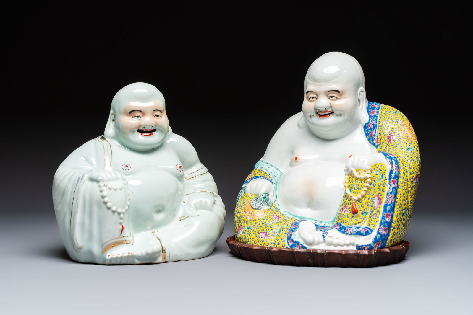 A Chinese famille rose Milefo Buddha and a white-glazed gilt-decorated Milefo Buddha, Wei Hongtai (1 of 7)