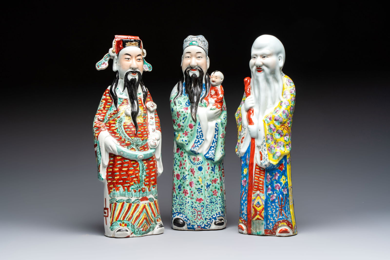 Three Chinese famille rose 'Three Star Gods' figures, Mao Jisheng and Ding Yisheng marks, Republic (1 of 7)