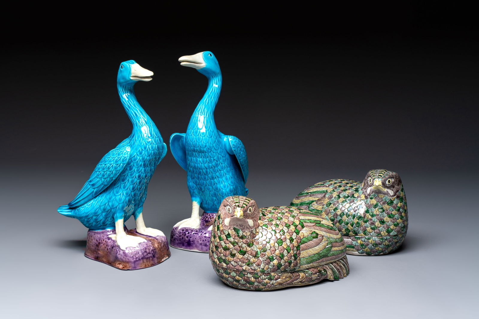 A pair of Chinese turquoise-glazed ducks and a pair of verte biscuit quail-form covered boxes, 20th (1 of 14)