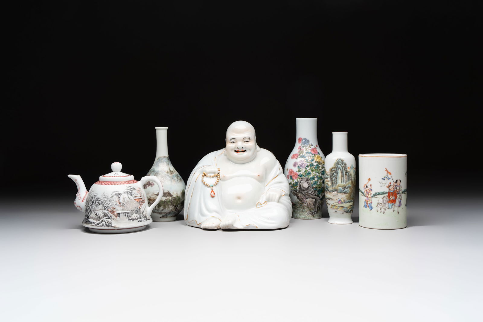 A group of three Chinese famille rose vases, a bitong, a covered teapot and a Buddha, Yongzheng, (1 of 20)