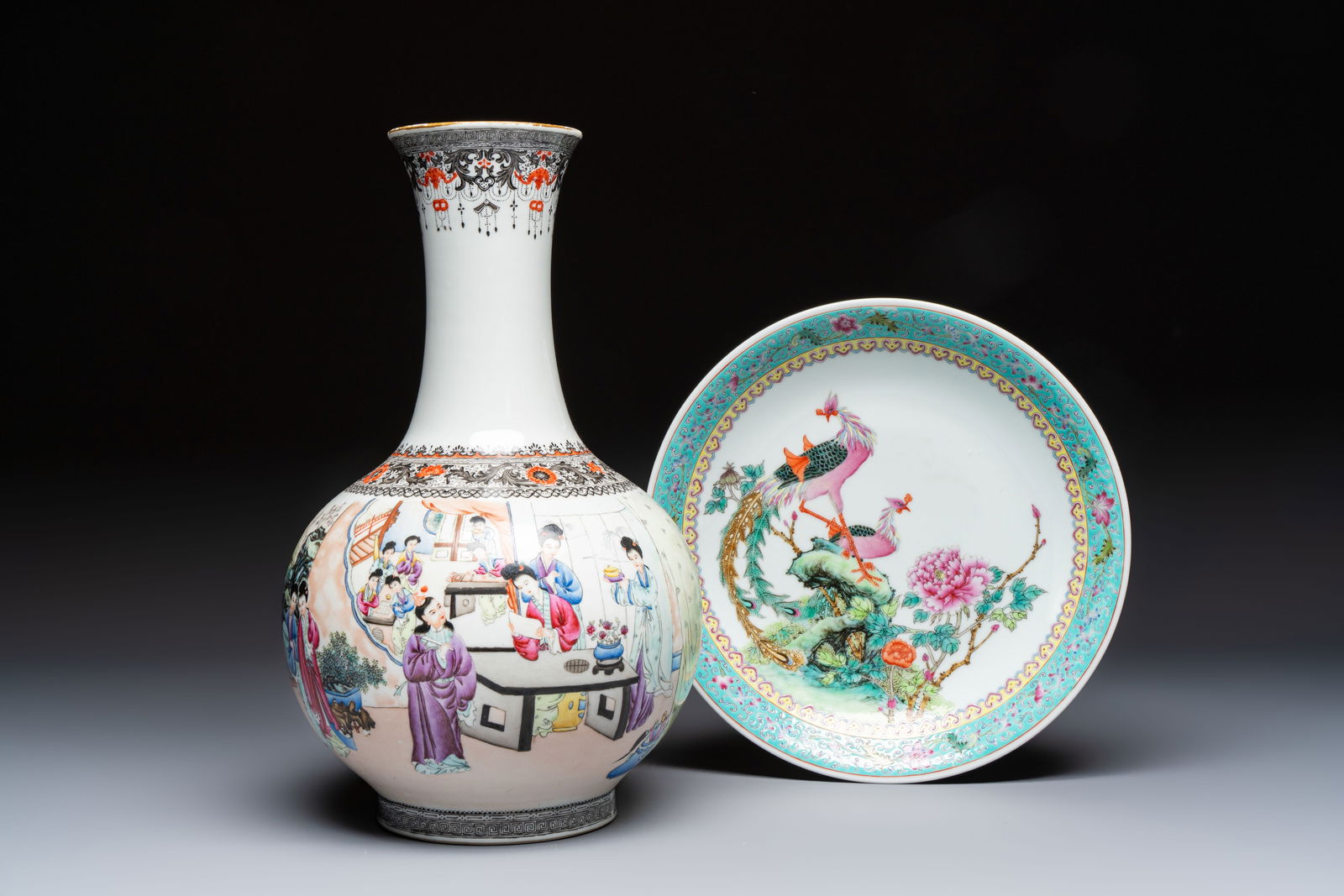 A Chinese famille rose bottle vase and a dish, Qianlong mark, Republic (1 of 9)