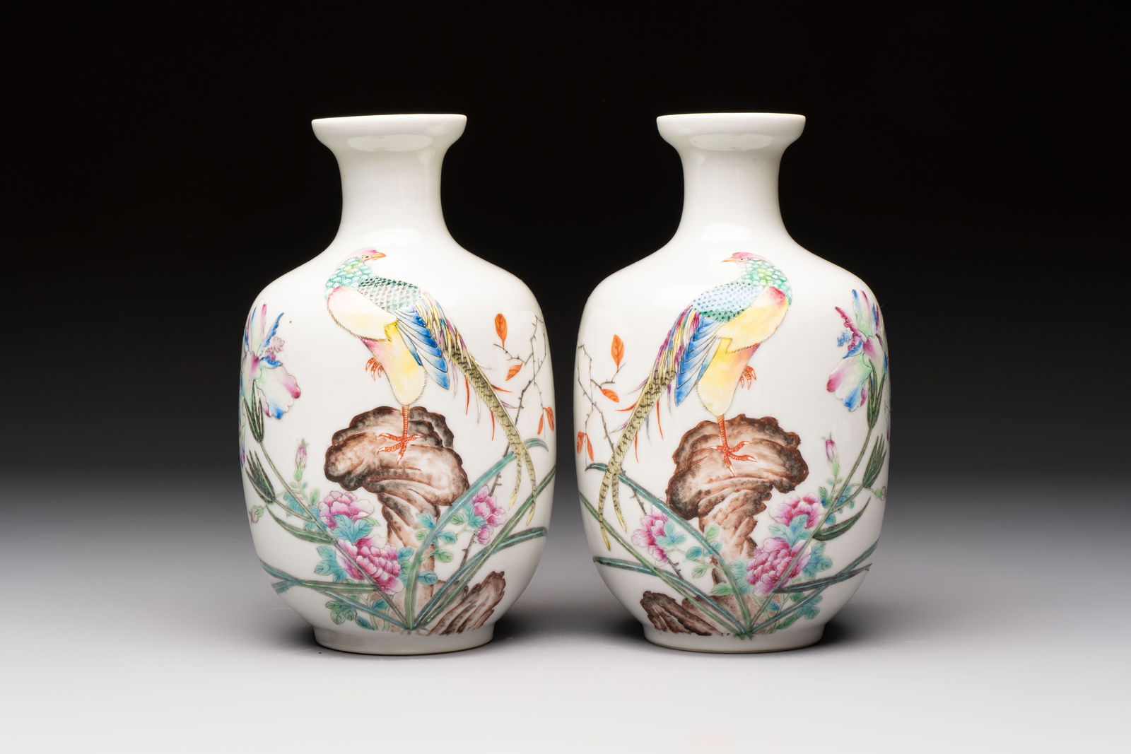 A pair of Chinese famille rose 'Pheasant' vases, Qianlong marks, Republic (1 of 6)