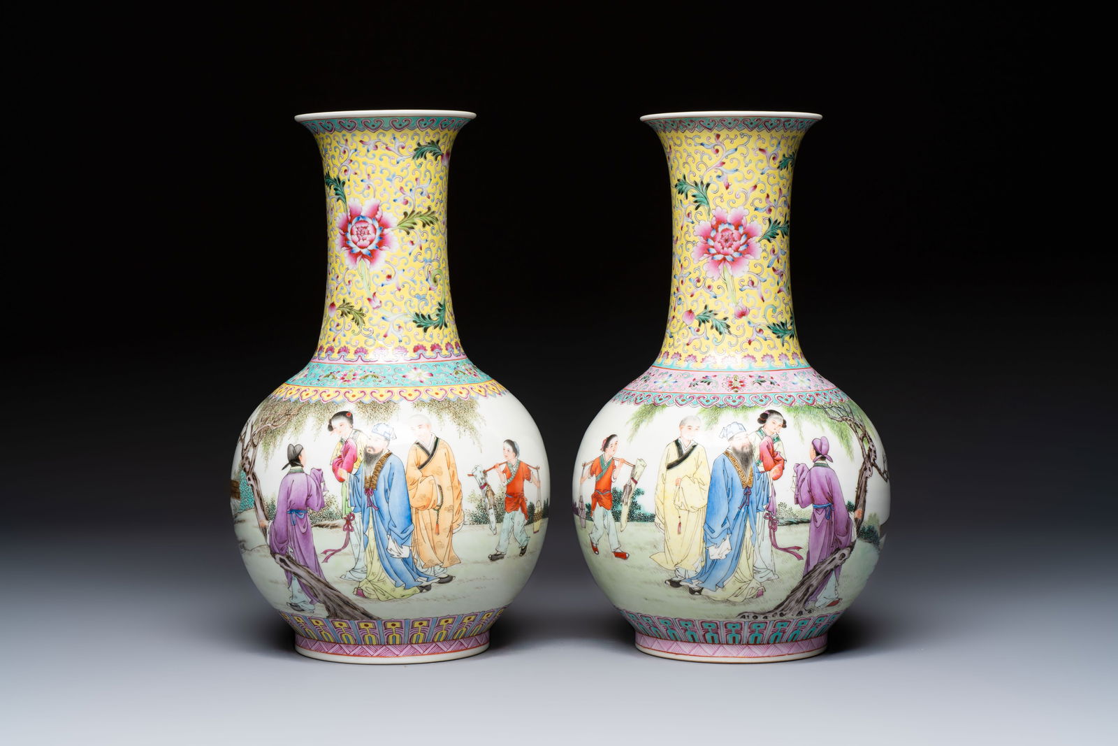 A pair of Chinese famille rose bottle vases, Qianlong mark, 20th C. (1 of 6)