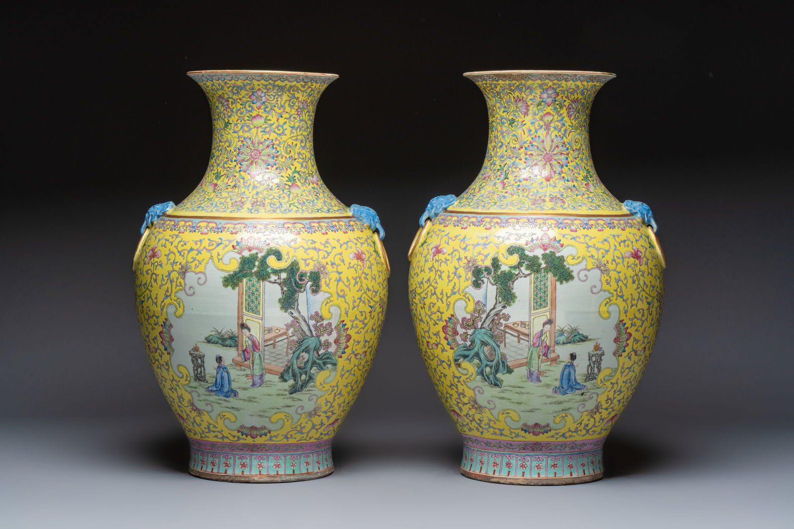 A pair of large Chinese famille rose yellow-ground 'Hu' vases with narrative design, Qianlong mark, (1 of 6)