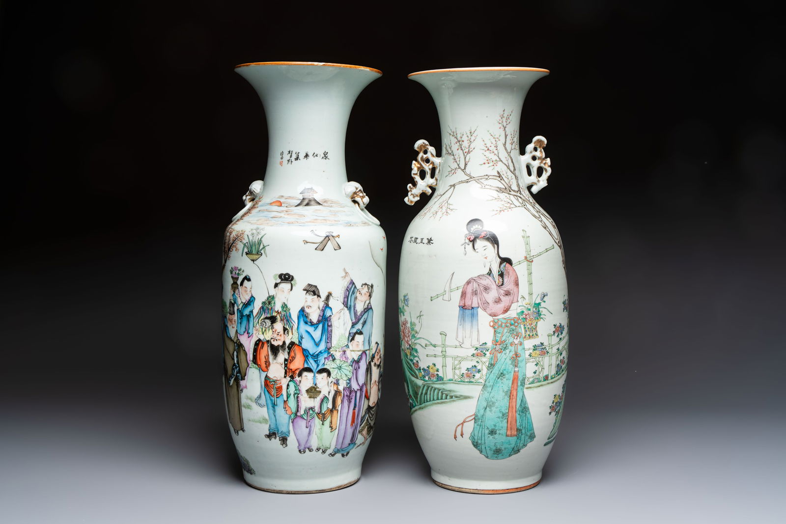 Two Chinese famille rose 'Dai Yu Zang Hua' and 'Immortals' vases, signed Lu Xuan, one dated 1901, (1 of 6)