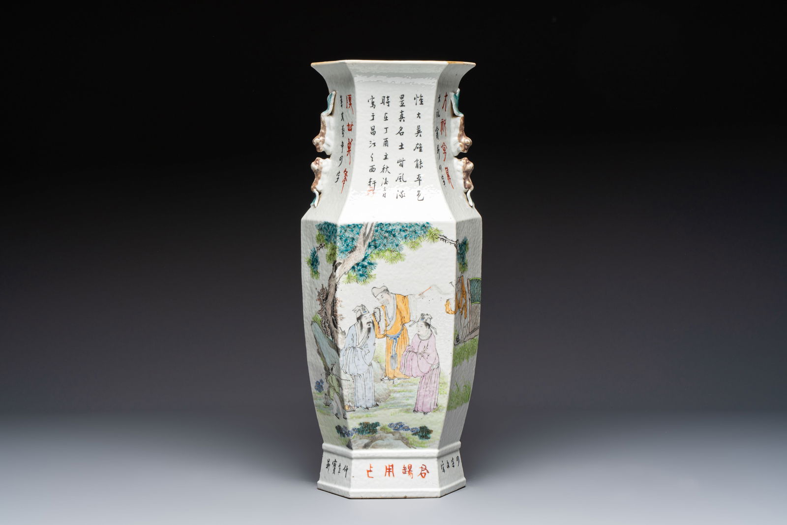 A Chinese Qianjiang cai hexagonal 'Figural' and 'Rooster' vase, signed Gao Hengsheng, dated 1897 (1 of 6)