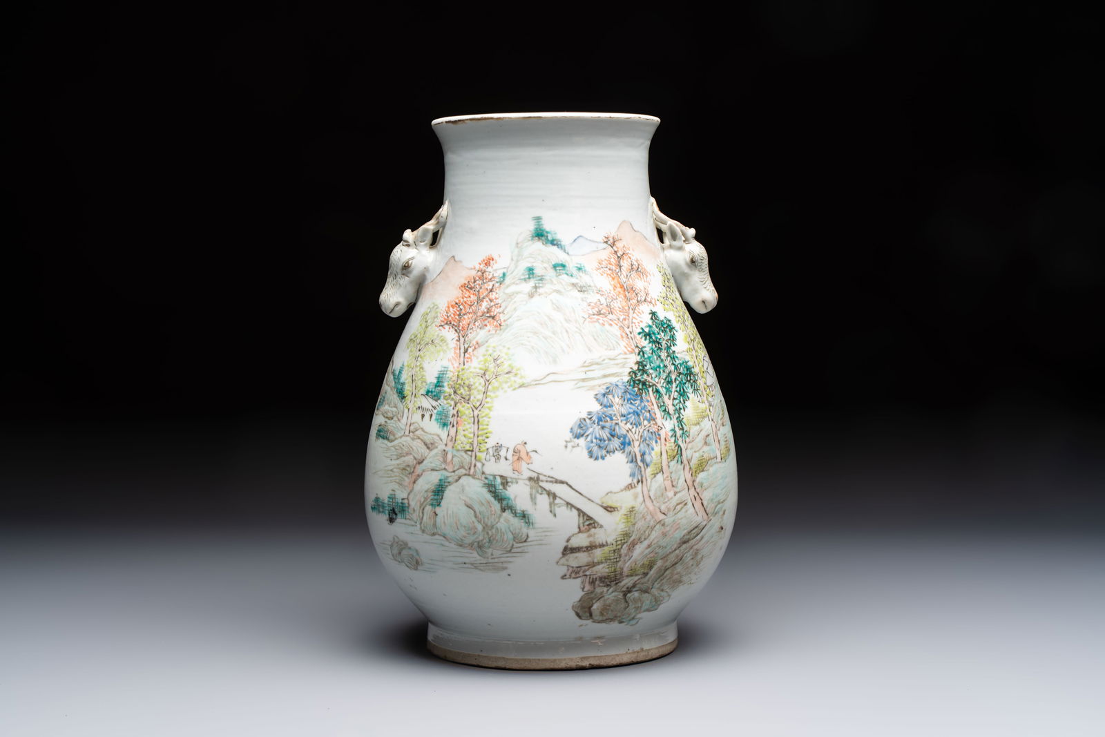 A Chinese qianjiang cai 'Hu' vase with mountainous landscape design, signed Shou Lu Xuan Zhu Ren, (1 of 6)