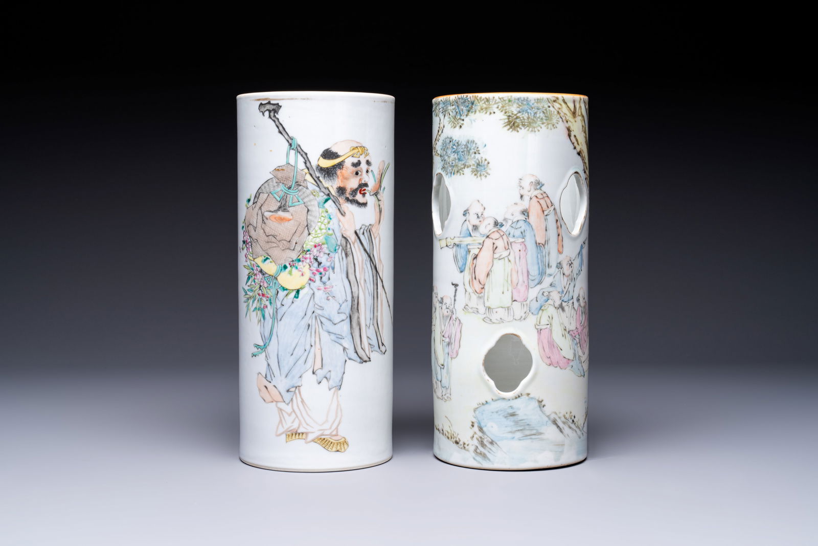 A fine Chinese qianjiang cai 'Tie Guaili' hat stand, signed Yu Huanwen, Guanyao mark, dated 1893 and (1 of 6)