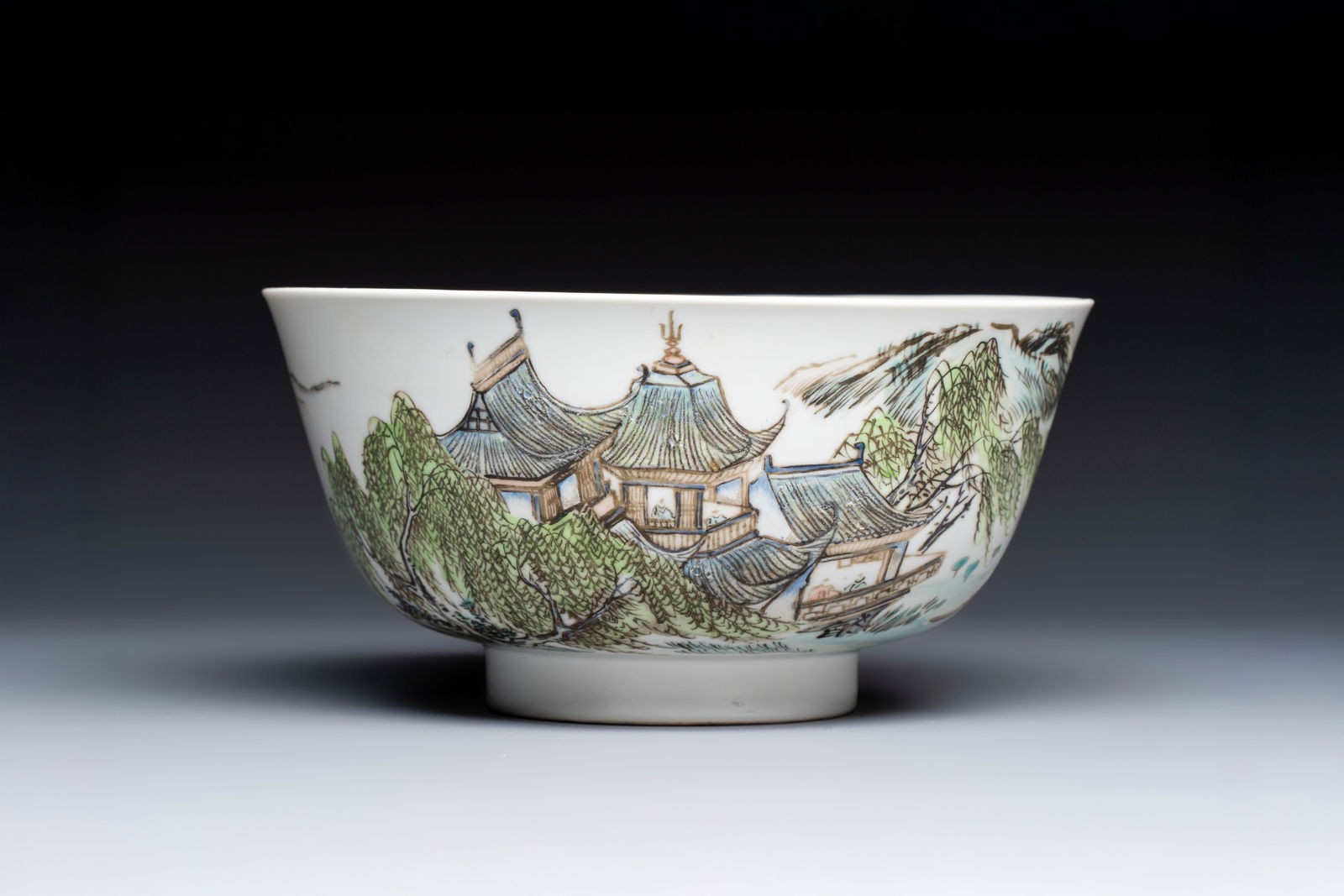 A Chinese qianjiang cai 'Pavilions and Willows' bowl, Republic (1 of 7)