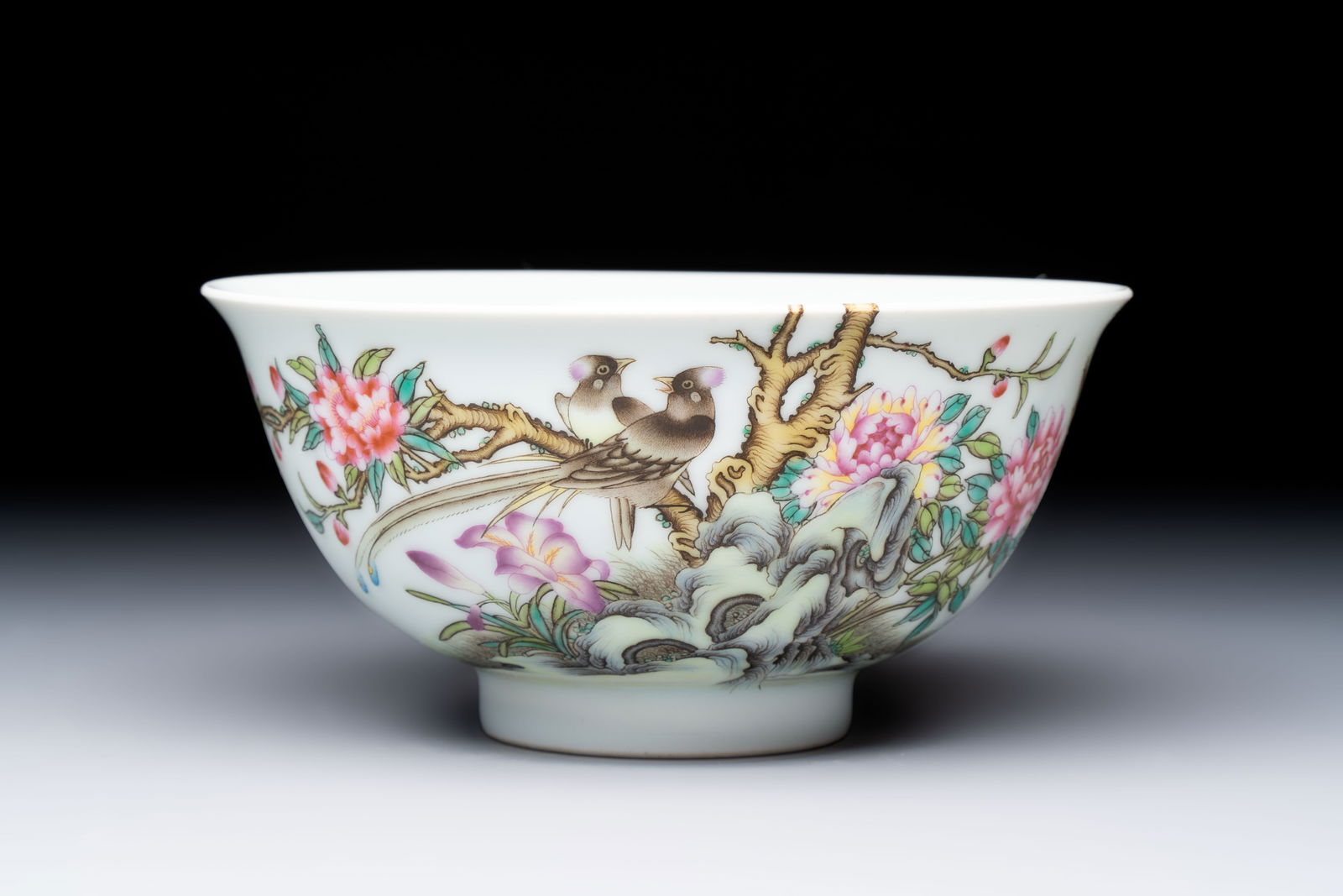 A Chinese falangcai 'Birds and Peonies' bowl, Yongzheng mark, Republic (1 of 6)