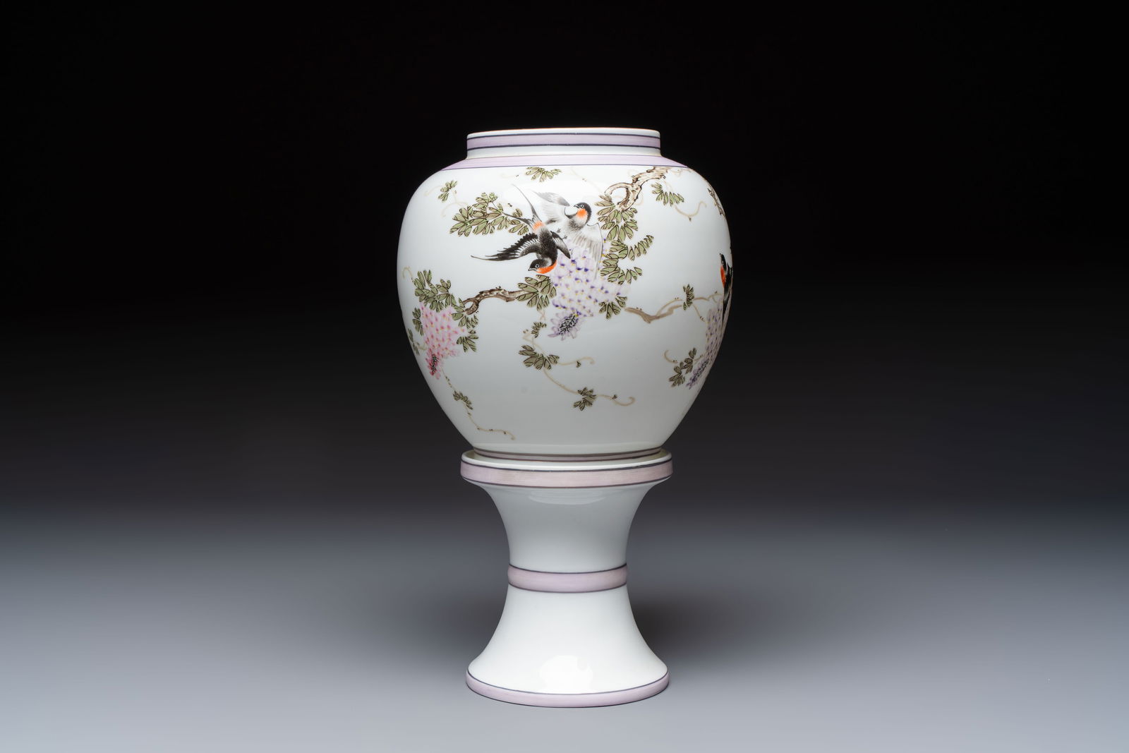 A Chinese famille rose 'Birds among Flowering Branches' eggshell lantern on stand, signed Yuan Qing, (1 of 6)