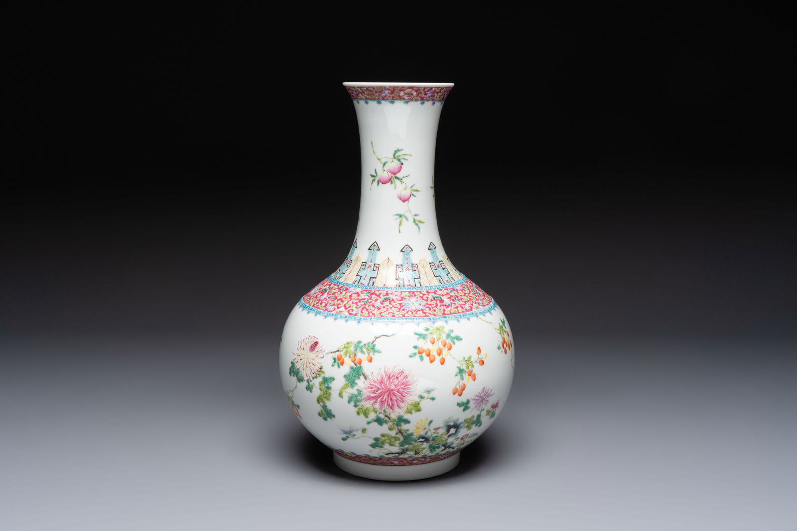 A Chinese famille rose 'Flowers and Fruits' bottle vase, Hongxian mark, Republic (1 of 6)