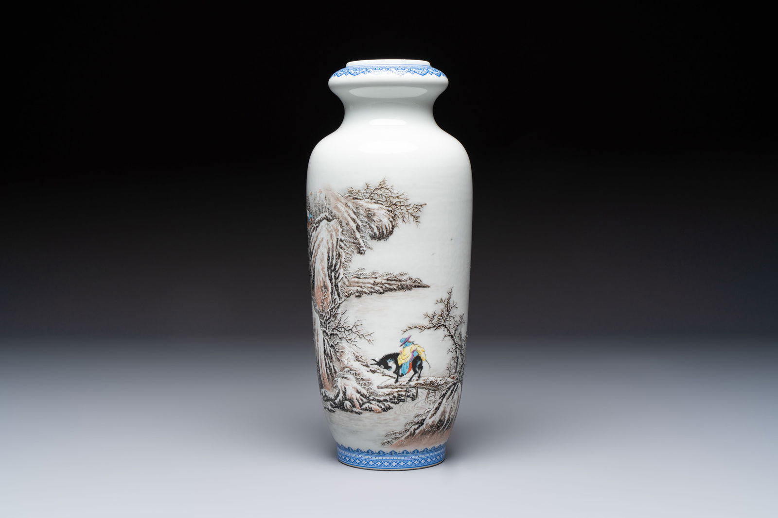 A Chinese polychrome-decorated 'Winter Landscape' vase, signed He Xuren and with seal mark, dated (1 of 6)