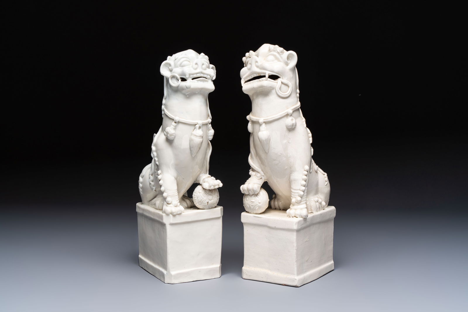 A pair of large Chinese Dehua blanc de Chine buddhist lion joss stick holders, 19th C. (1 of 7)