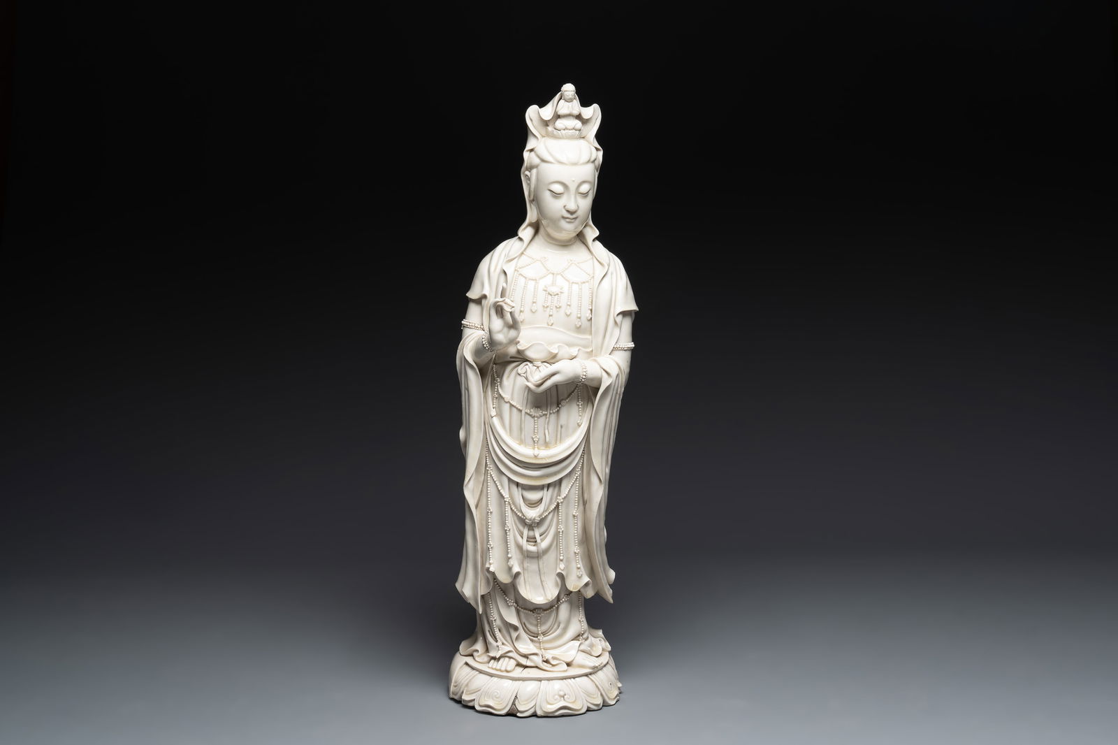 A large Chinese Dehua blanc de Chine Guanyin, He Chaozong and Xuande mark, Republic (1 of 7)