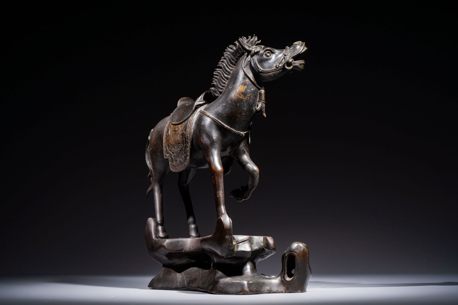 A large Chinese bronze horse-shaped incense burner and cover, 17/18th C. (1 of 10)