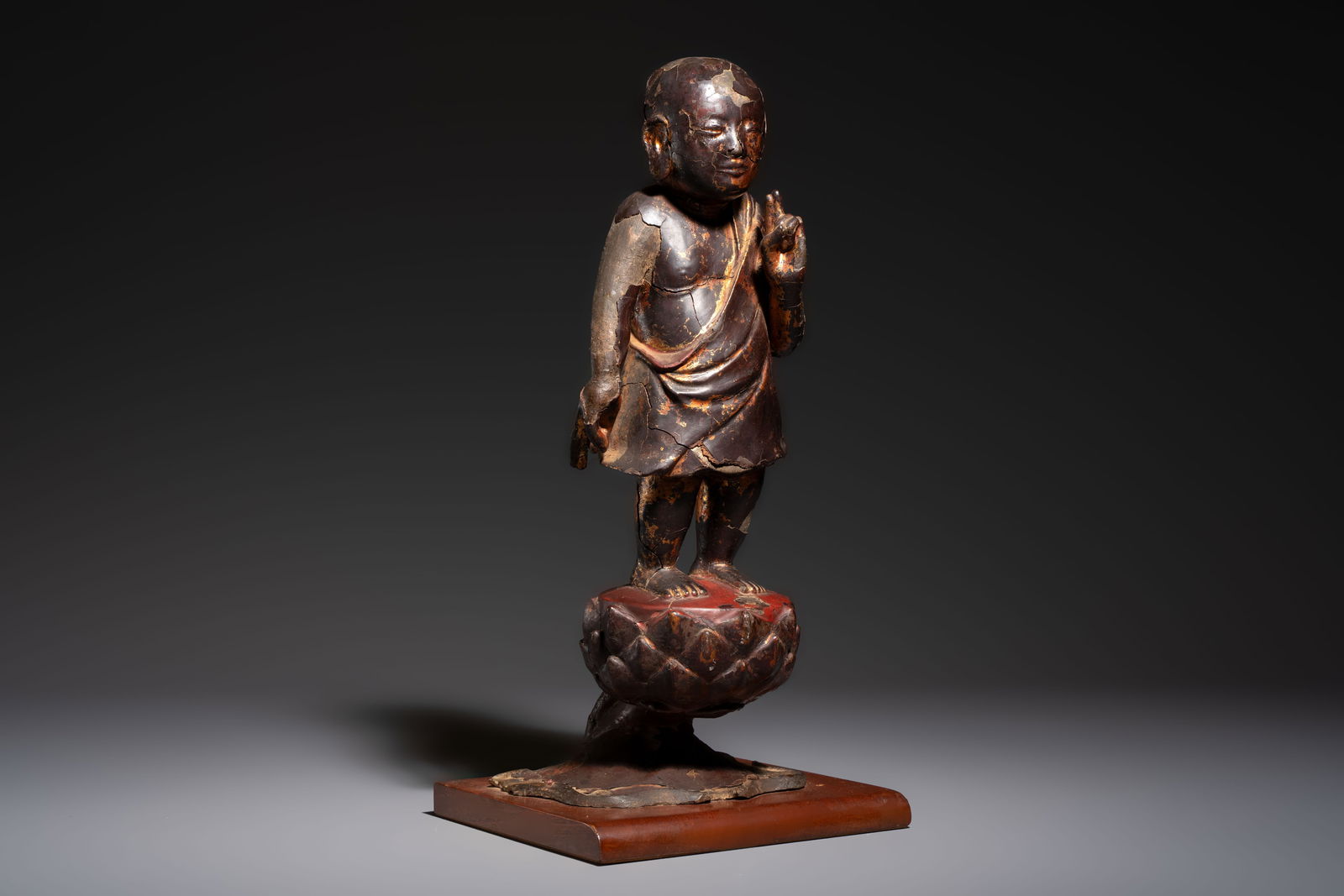 A rare Chinese gilt-lacquered bronze Buddha standing on a lotus throne, Ming (1 of 7)