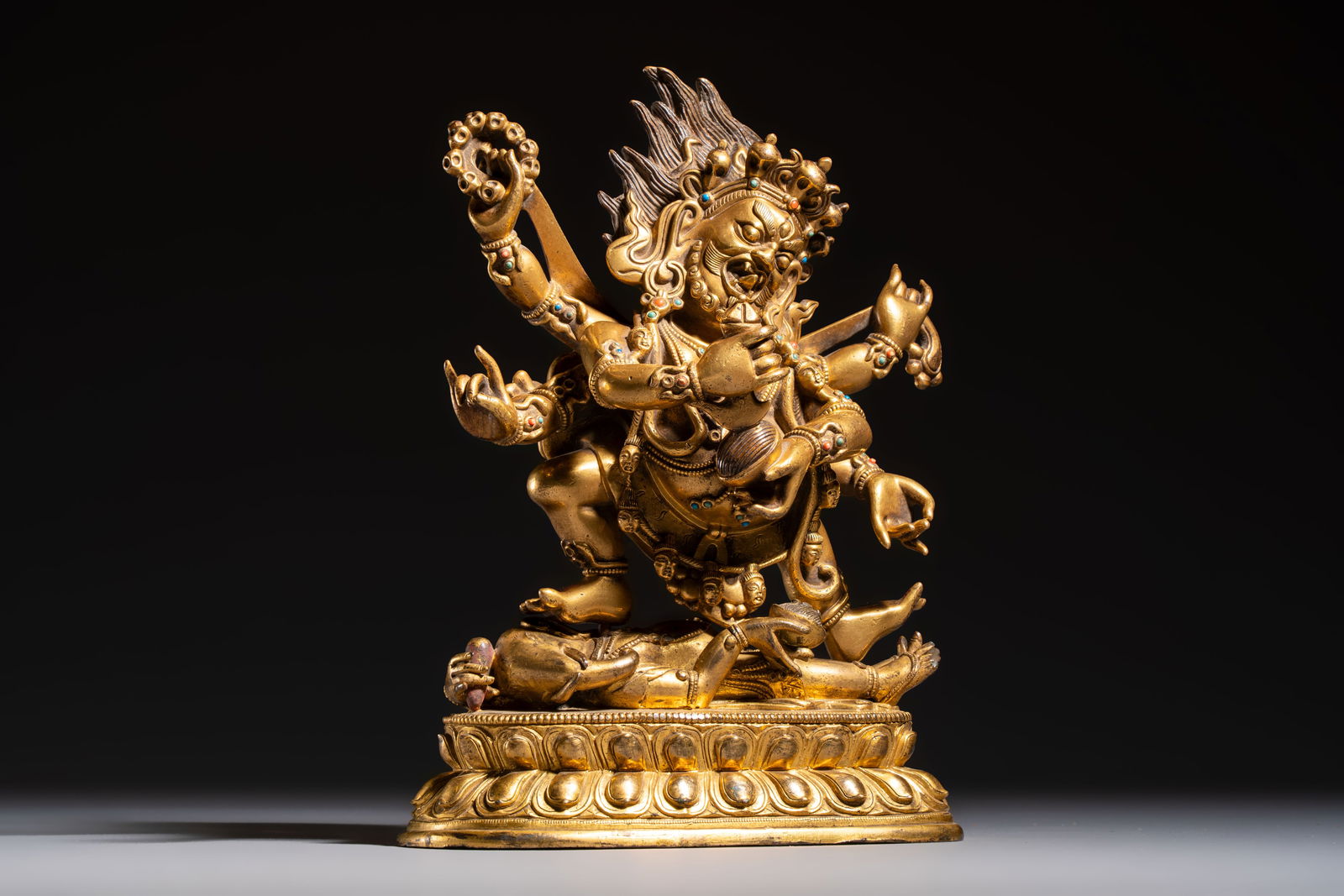 A fine Sino-Tibetan gilt-bronze figure of Mahakala, 18th C. (1 of 10)