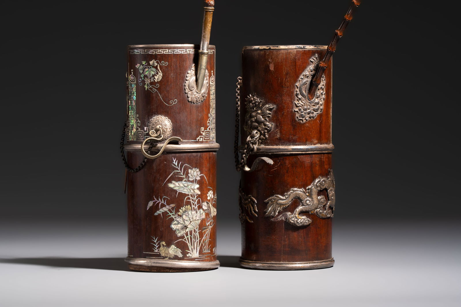 Two Vietnamese waterpipes in wood, silver and metal, one with mother-of-pearl inlay, 19th C. (1 of 9)