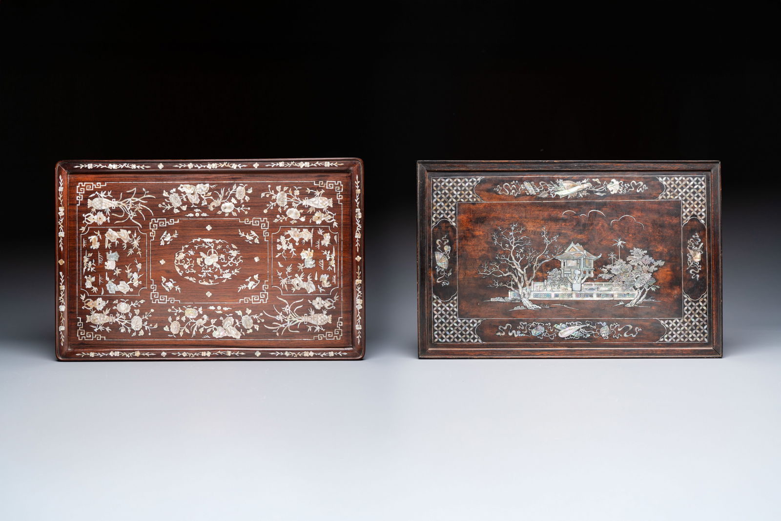 A Vietnamese mother-of-pearl-inlaid hardwood tray and a wooden plaque, 19th C. (1 of 5)