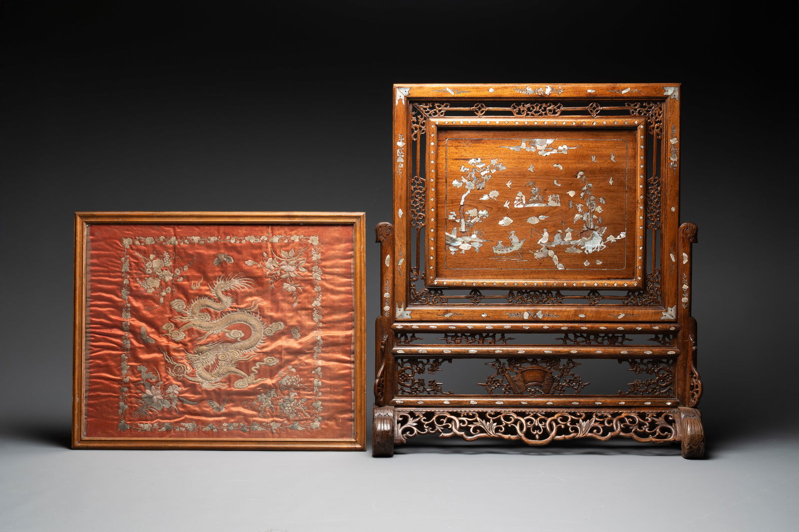 A Vietnamese mother-of-pearl-inlaid wooden 'Fishermen' table screen and an embroidered silk 'Dragon' (1 of 13)
