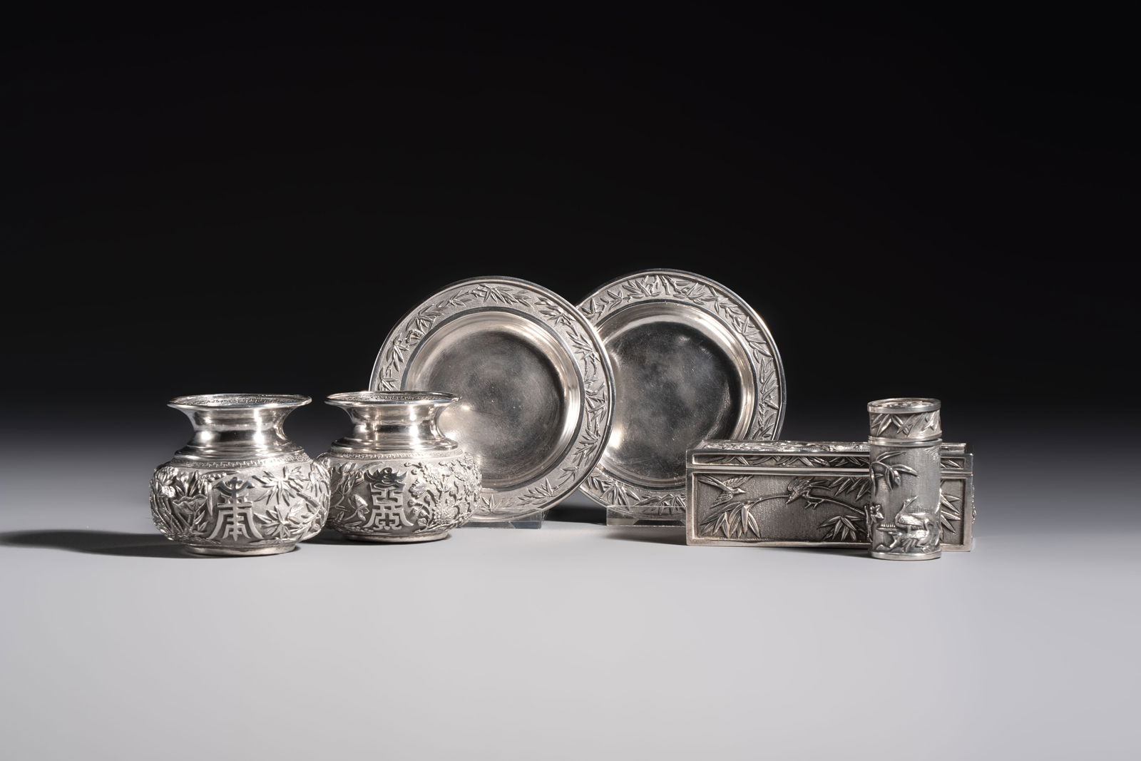 A pair of Chinese silver jarlets, a pair of saucer dishes, a rectangular casket and a cylindrical (1 of 16)