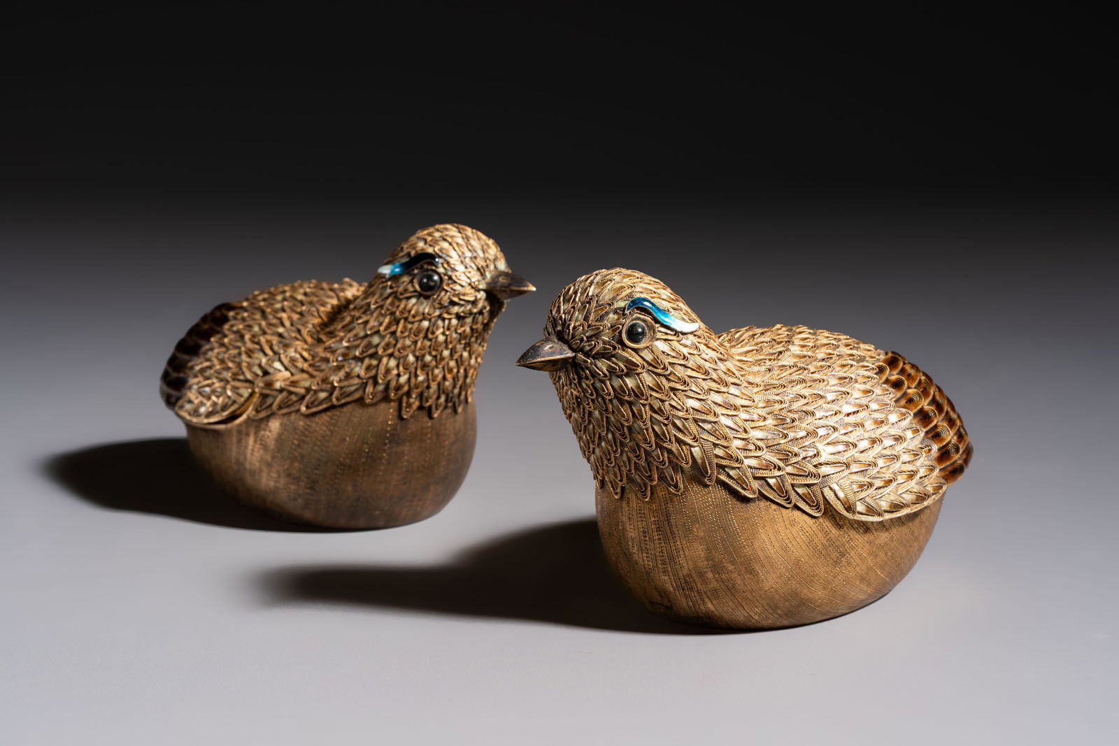 A pair of Chinese enamelled gilt-silver quail-form boxes and covers, 19/20th C. (1 of 9)