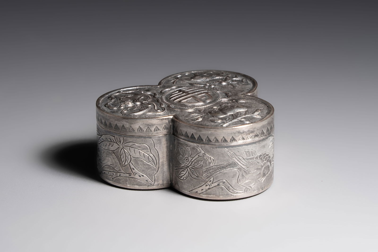 A fine Chinese silver-plated 'Fu Lu Shou' box and cover, 18/19th C. (1 of 7)
