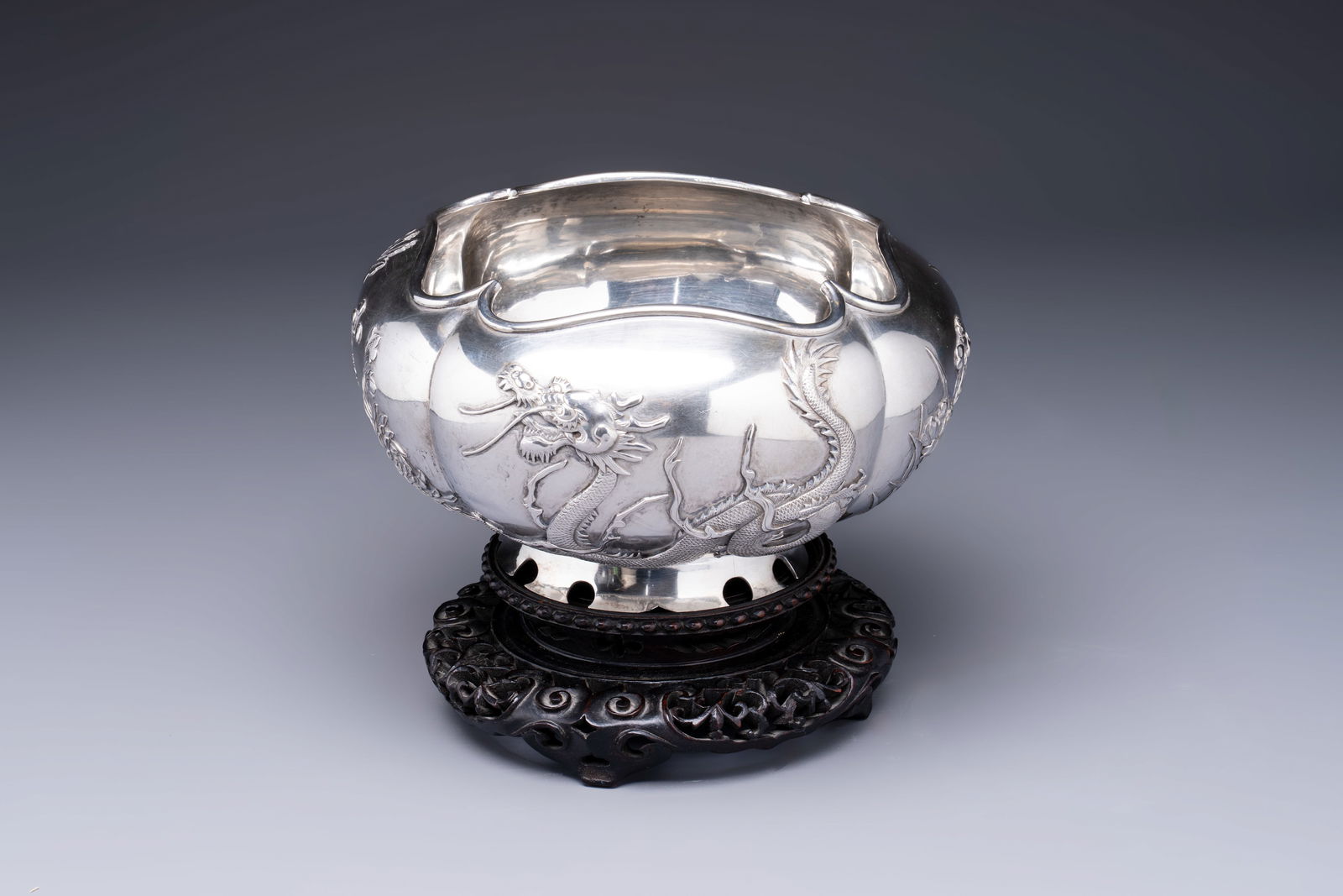 A fine Chinese silver bowl with relief dragon design on reticulated wooden stand, Tai Chang Long (1 of 12)