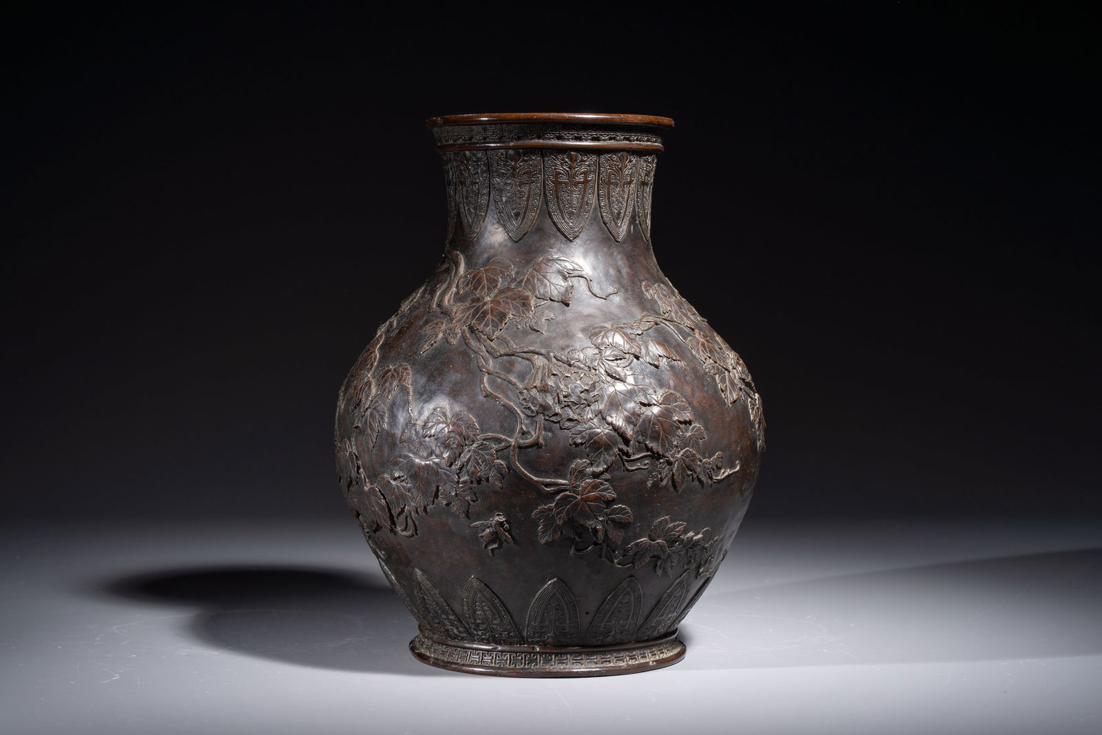 A fine Japanese bronze vase with vines and insects design, Okazaki Sessei mark, Meiji, 19/20th C. (1 of 6)