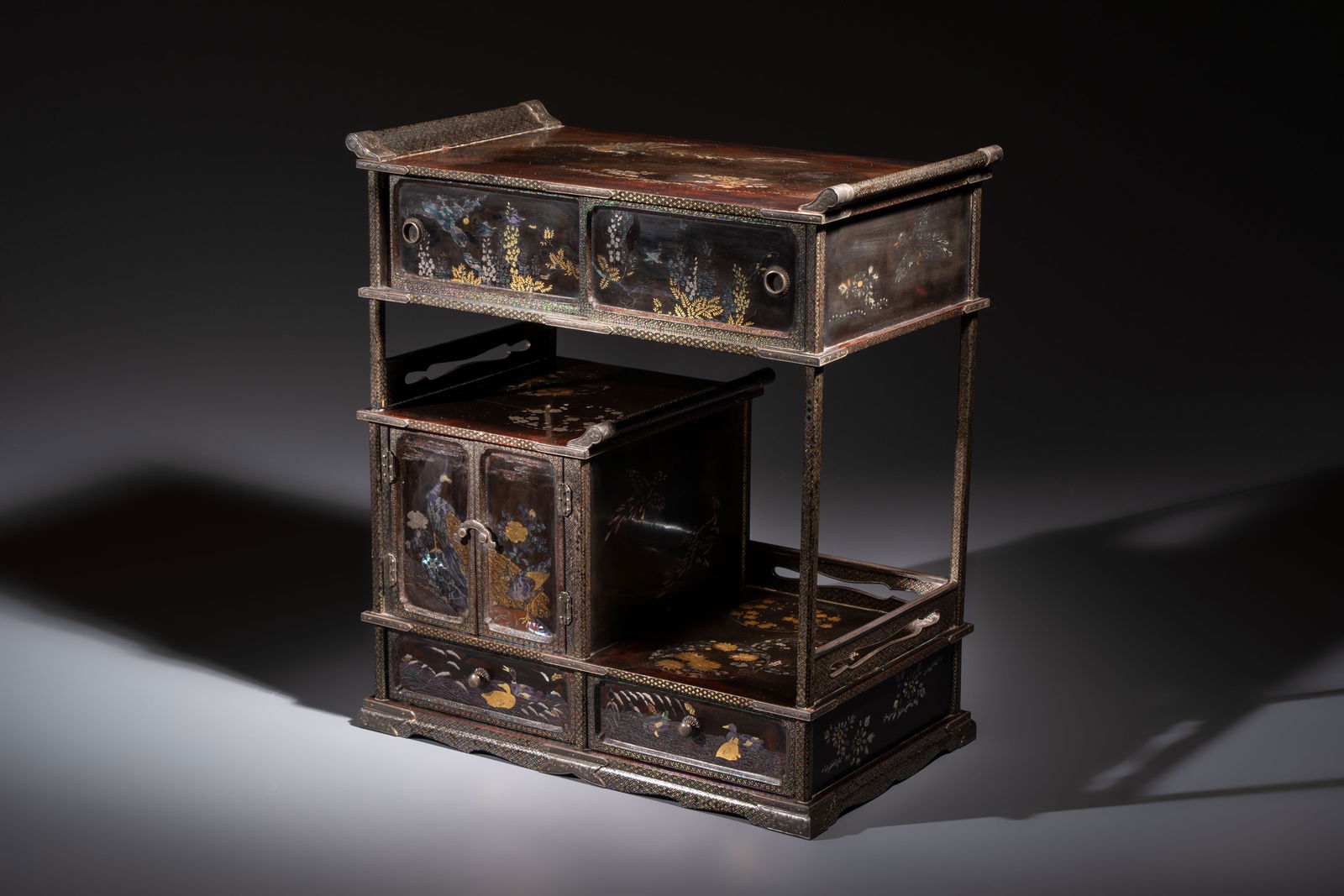 A fine Japanese silver-mounted, mother-of-pearl-inlaid, gilt black-lacquer miniature shodana (1 of 8)