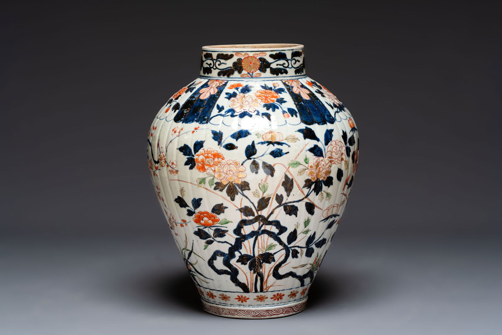 A large Japanese Imari baluster vase with floral relief design, Edo, ca. 1700 (1 of 6)