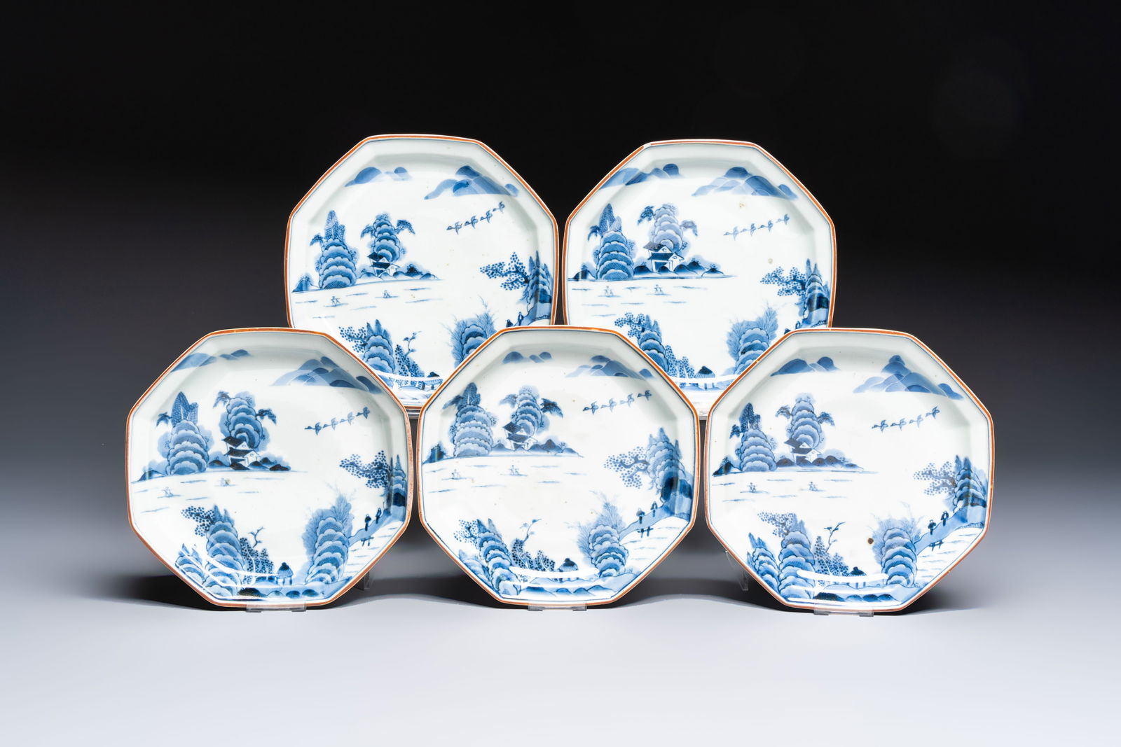 A set of five Japanese Arita blue and white octagonal tea ceremony plates with riverscape design: A set of five Japanese Arita blue and white octagonal tea ceremony plates with riverscape design, Edo, 18th C. Dia.: 20,5 cm