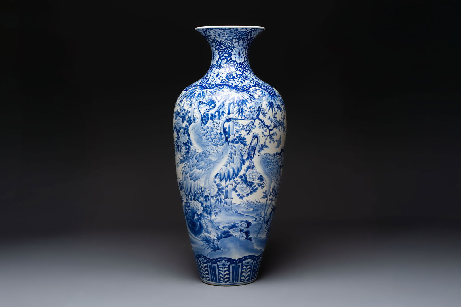 A massive Japanese Arita blue and white 'Cranes' vase, Meiji, 19th C.: A massive Japanese Arita blue and white 'Cranes' vase, Meiji, 19th C. H.: 107 cm