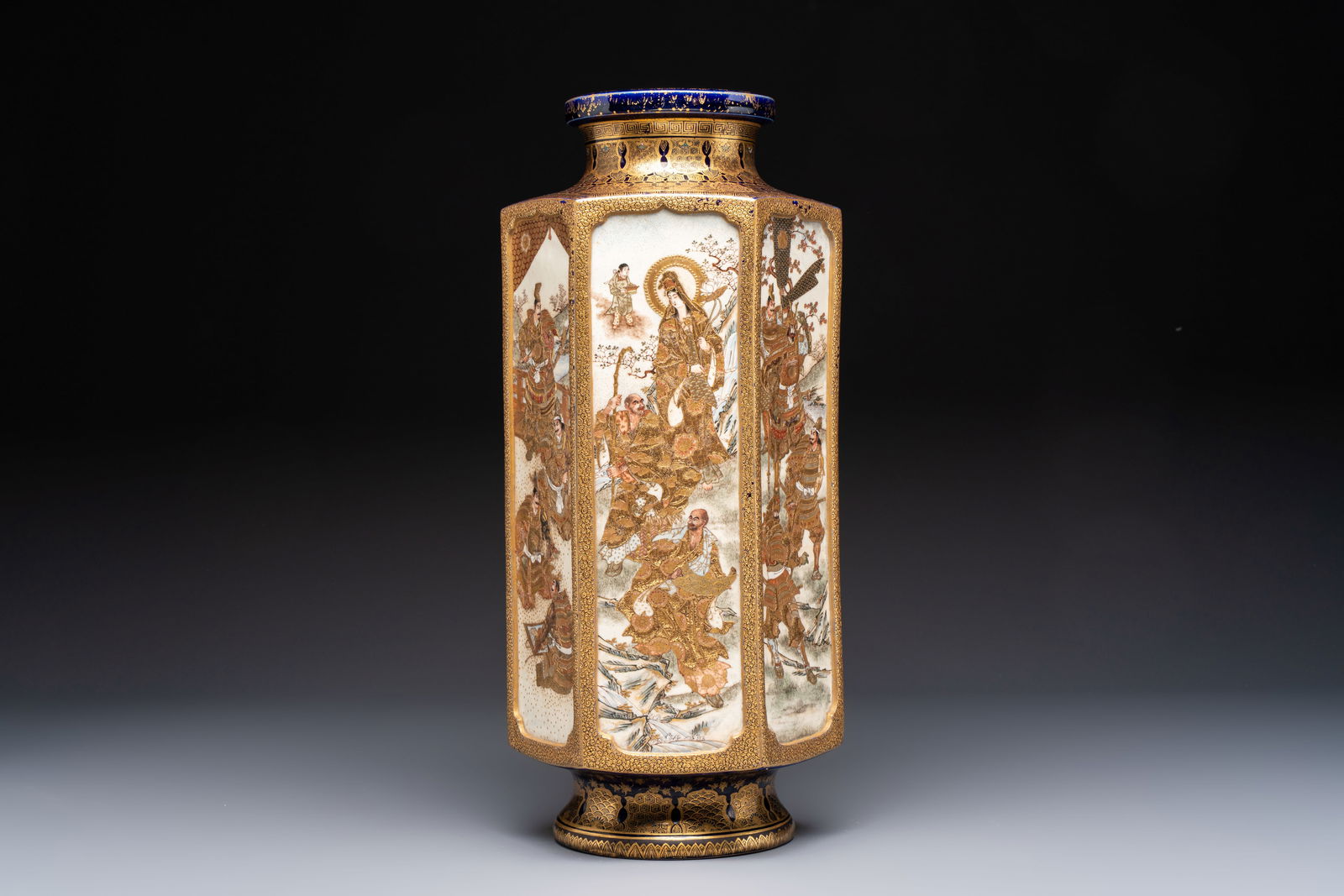 A fine Japanese Satsuma hexagonal vase with narrative design, Kinkozan mark, Meiji, 19th C. (1 of 11)