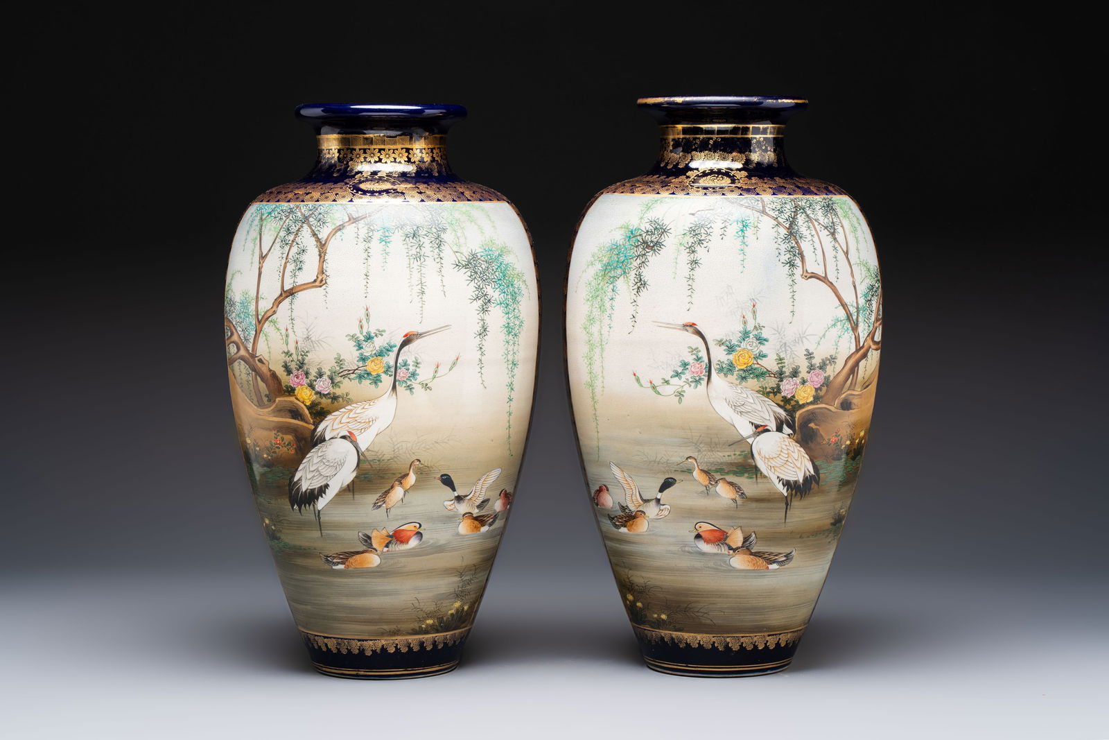 A fine pair of Japanese Satsuma 'Birds and Flowers' vases, Kinkozan mark, Meiji, 19th C. (1 of 9)