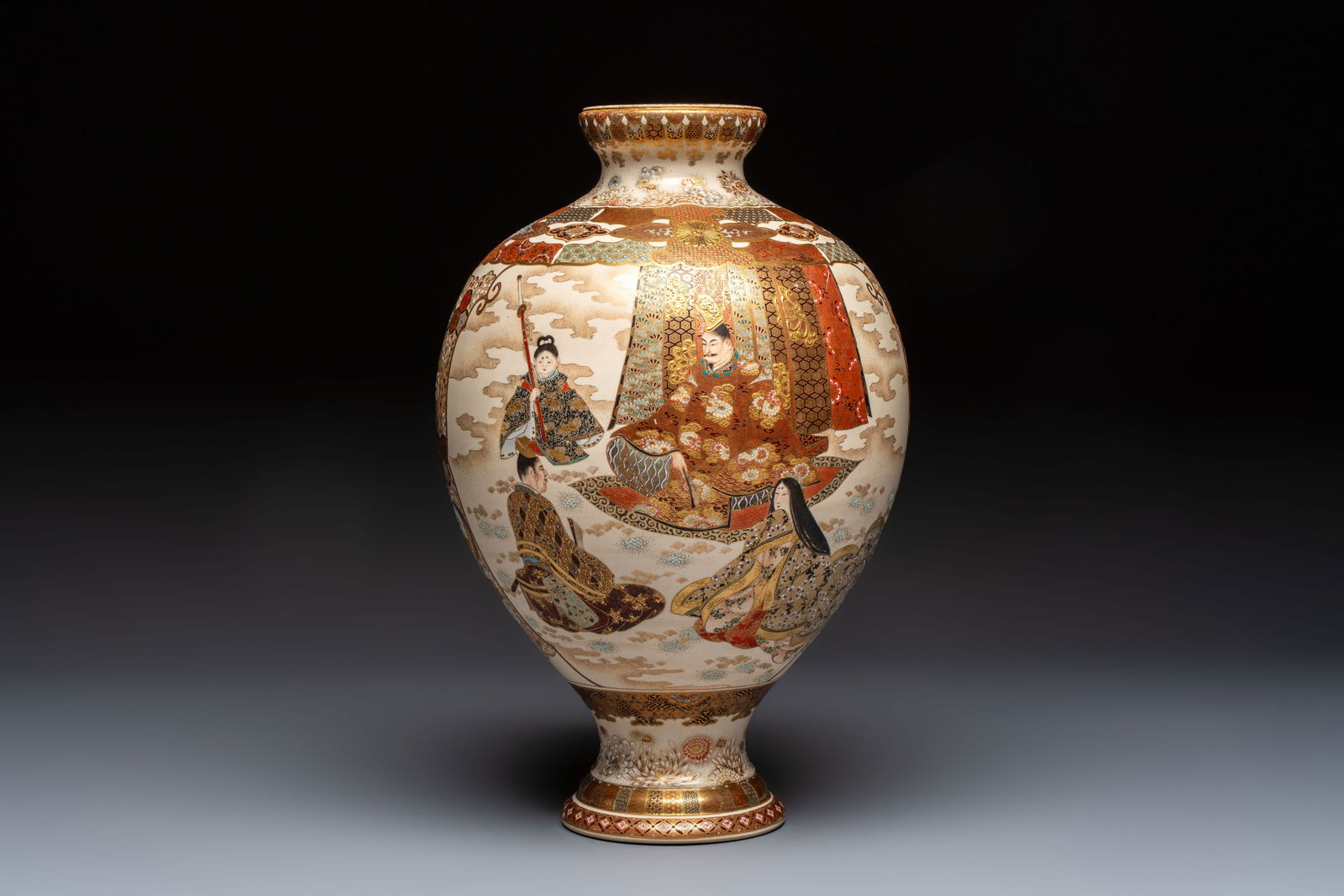 A Japanese Satsuma baluster vase with narrative design, Nippon Kyoto Kinkozan mark, Meiji, 19th C. (1 of 7)