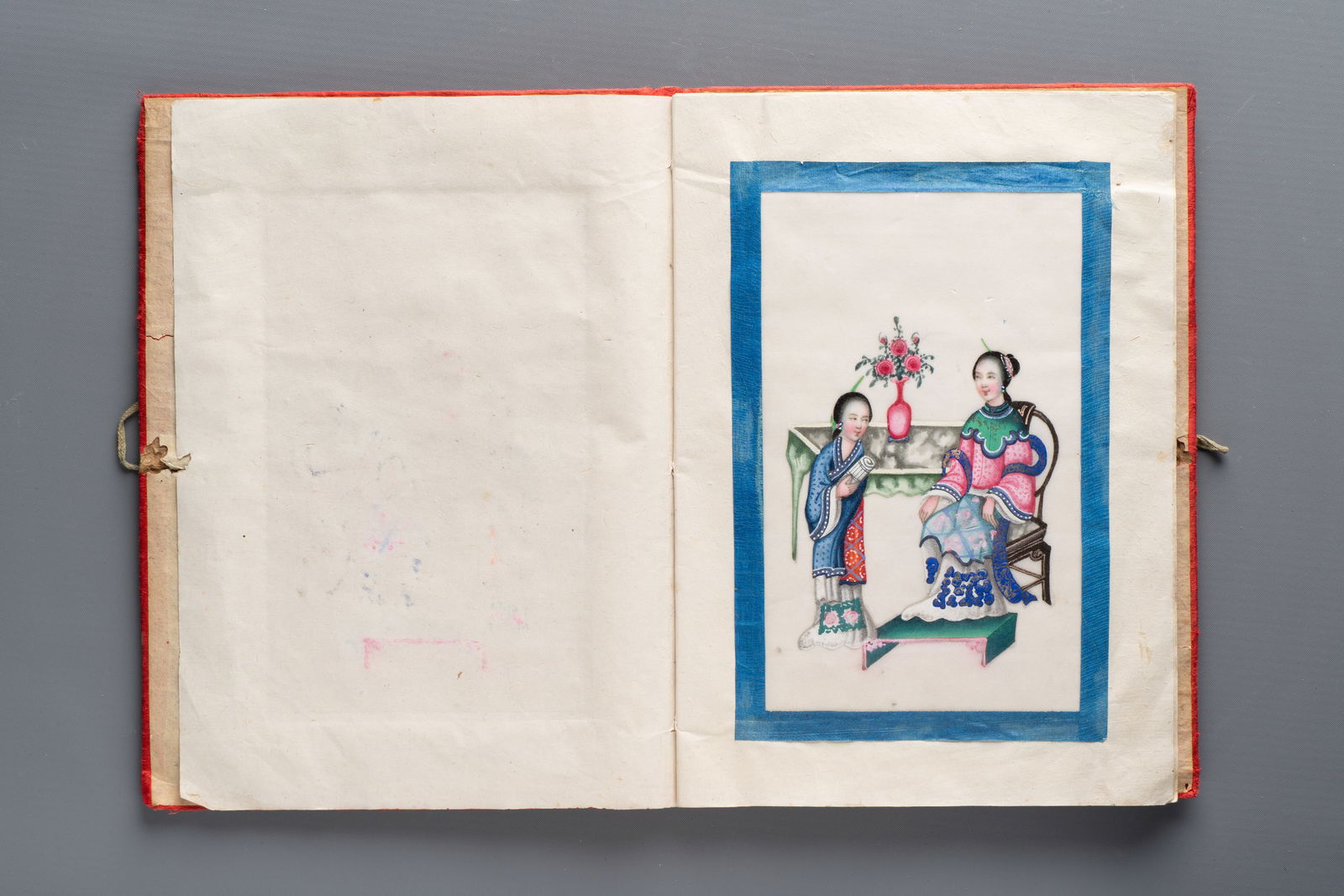 An album containing 12 Chinese Canton rice paper paintings, 19th C. (1 of 14)