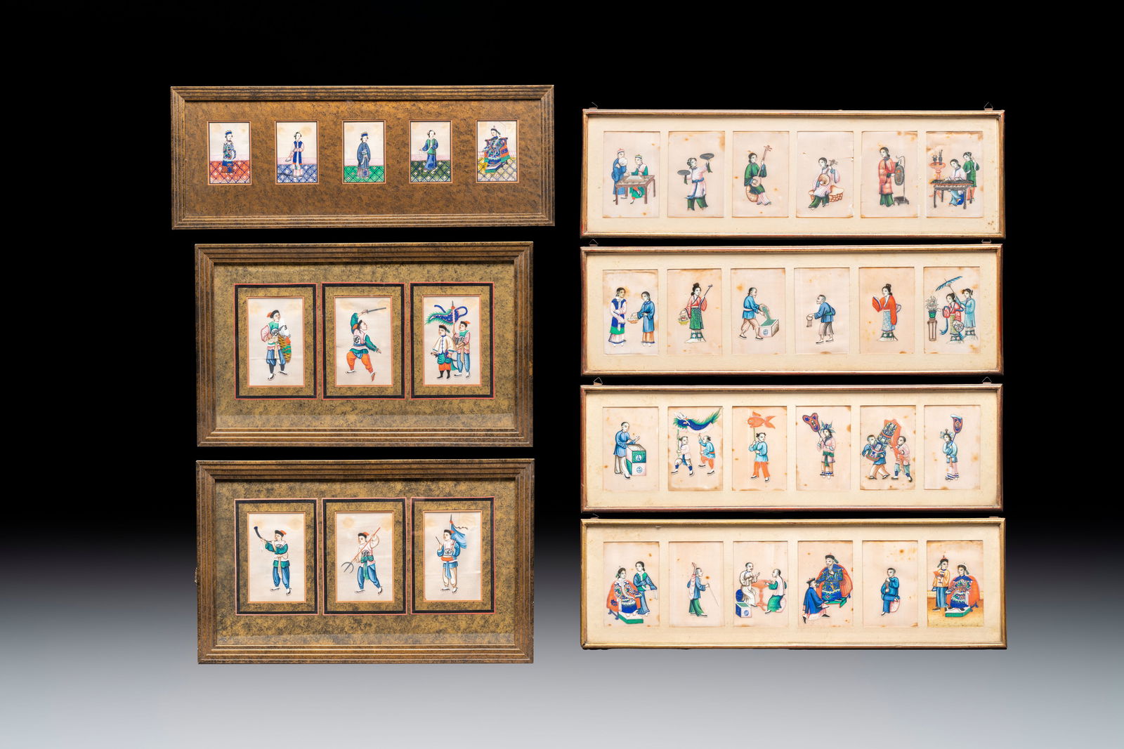 Seven frames containing 33 Chinese Canton rice paper paintings, 19th C. (1 of 15)