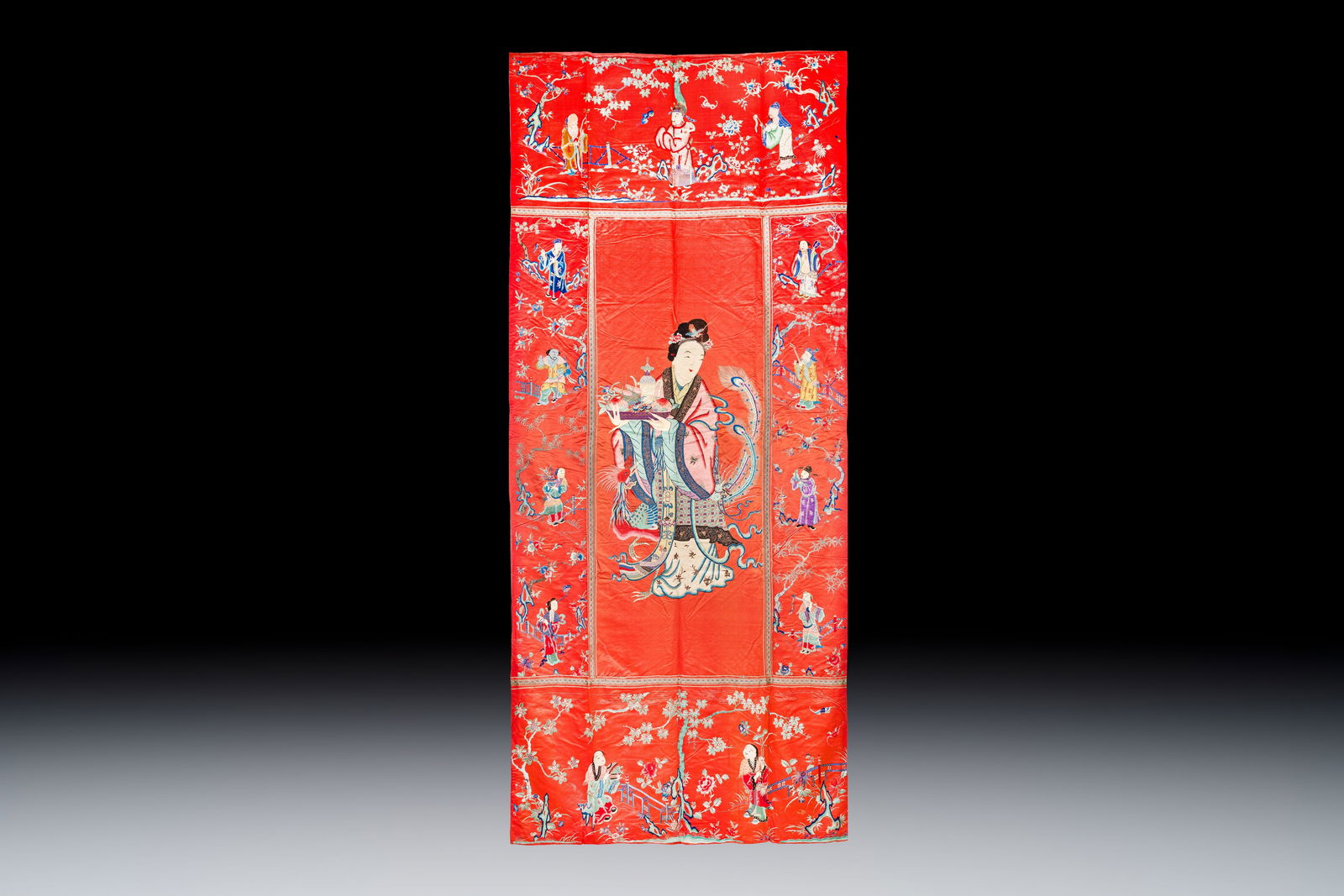 A large and fine Chinese embroidered silk 'Xi Wang Mu and Immortals' panel, 19th C. (1 of 2)