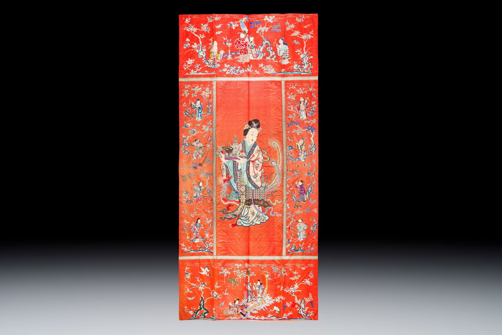 A large and fine Chinese embroidered silk 'Xi Wang Mu and Immortals' panel, 19th C. (1 of 2)