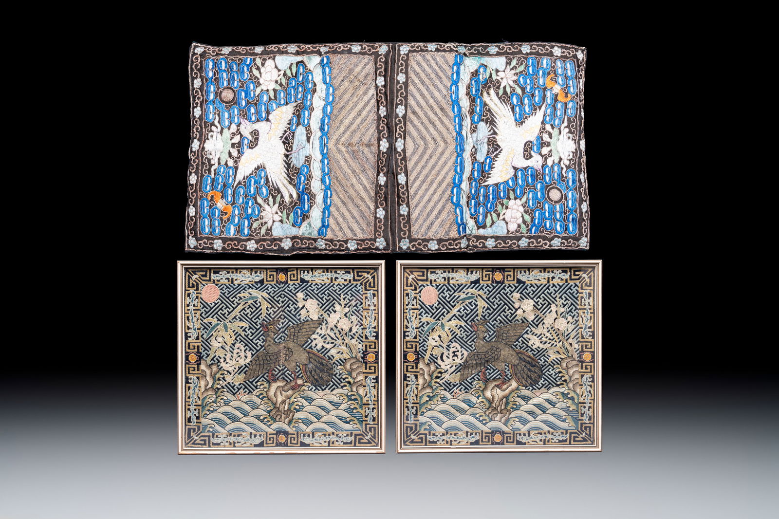 A pair of Chinese embroidered silk 'Civil Ninth-Rank' badges and a pair of kesi 'Civil Fifth-Rank' (1 of 5)