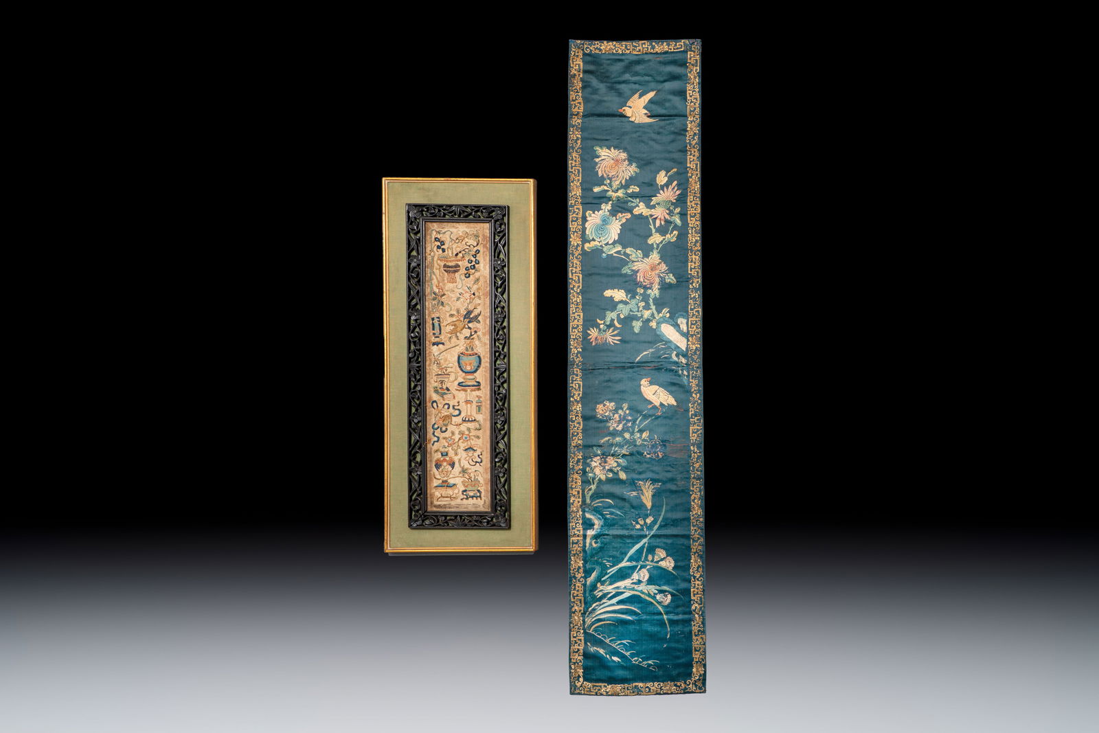 Two Chinese embroidered silk panels with antiquities and birds among flowering branches, 19th C. (1 of 2)