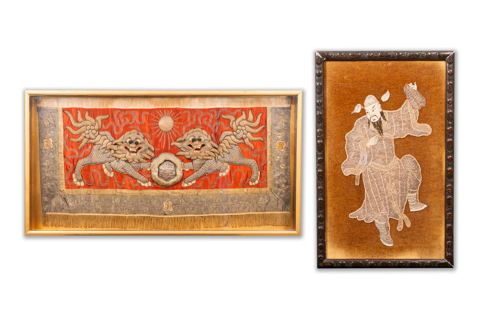 Two Chinese gold and silver-thread-embroidered silk panels with Buddhist lions and Guandi, 19th C. (1 of 8)