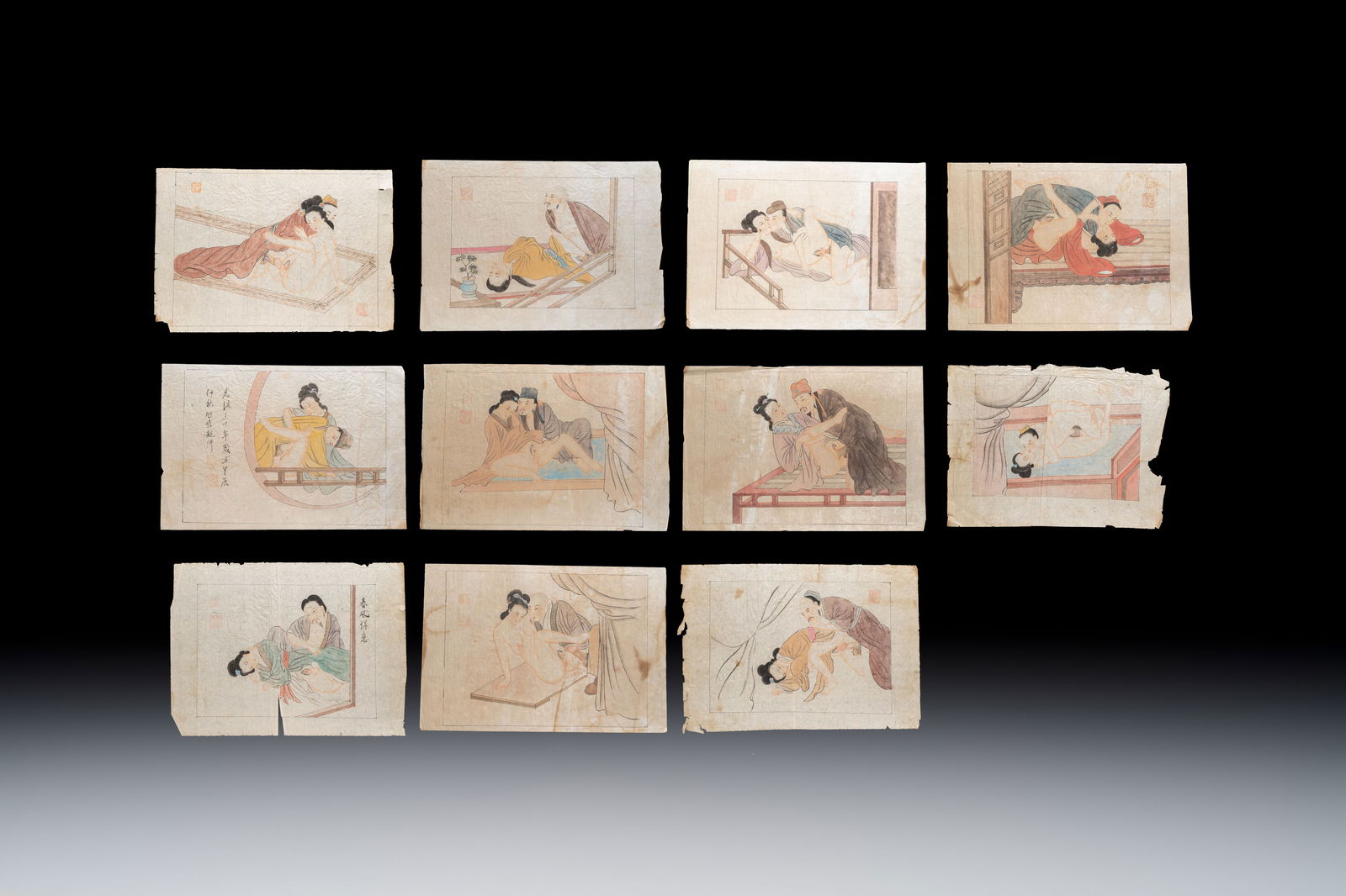 Chinese school: 11 erotic paintings, ink and colour on paper, dated 1904 (1 of 12)